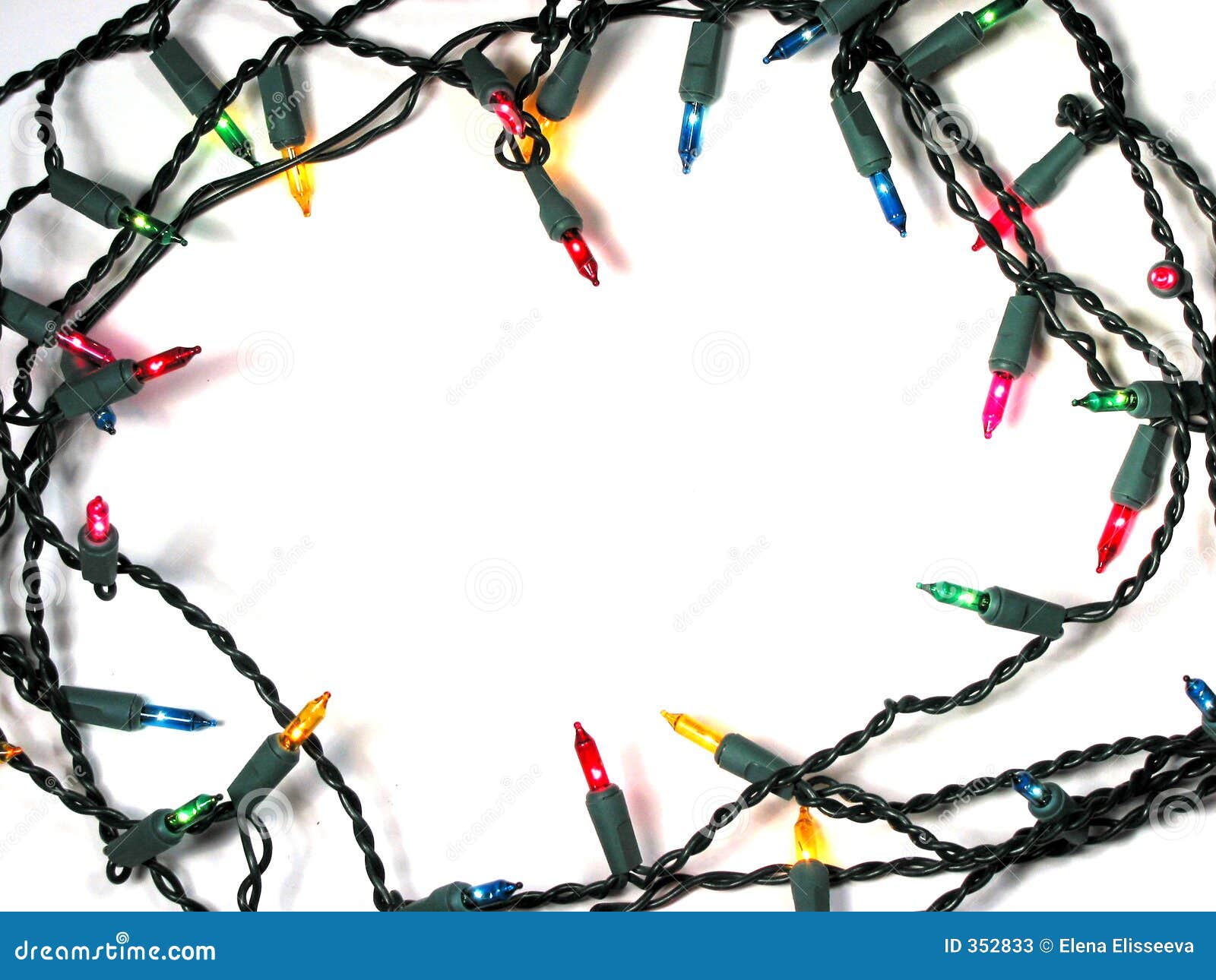 Christmas frame with holiday lights, white background.