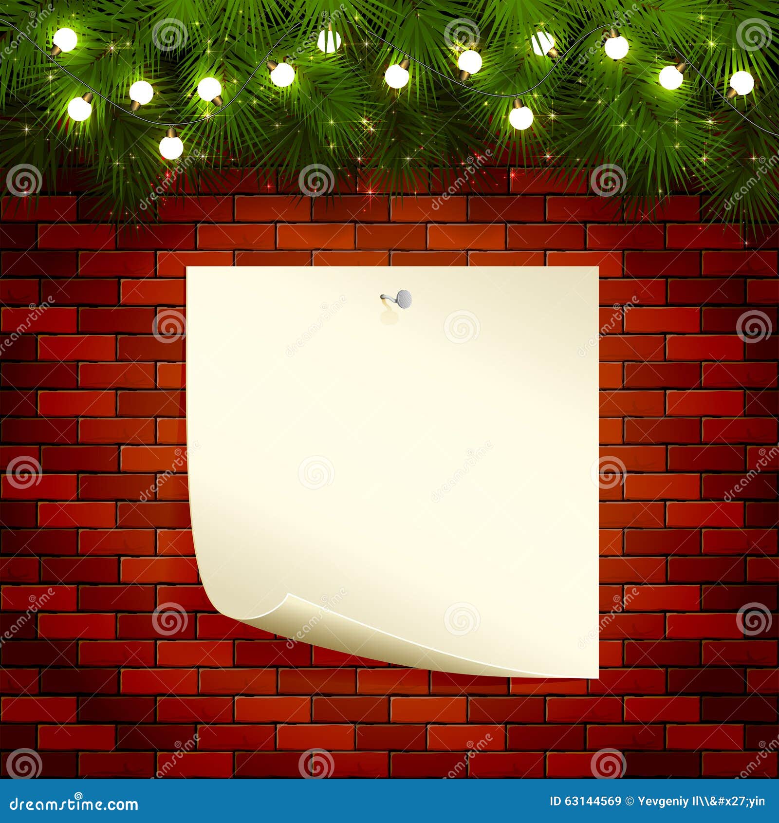 Christmas Lights And Paper On Brick Wall Stock Vector - Image: 63144569