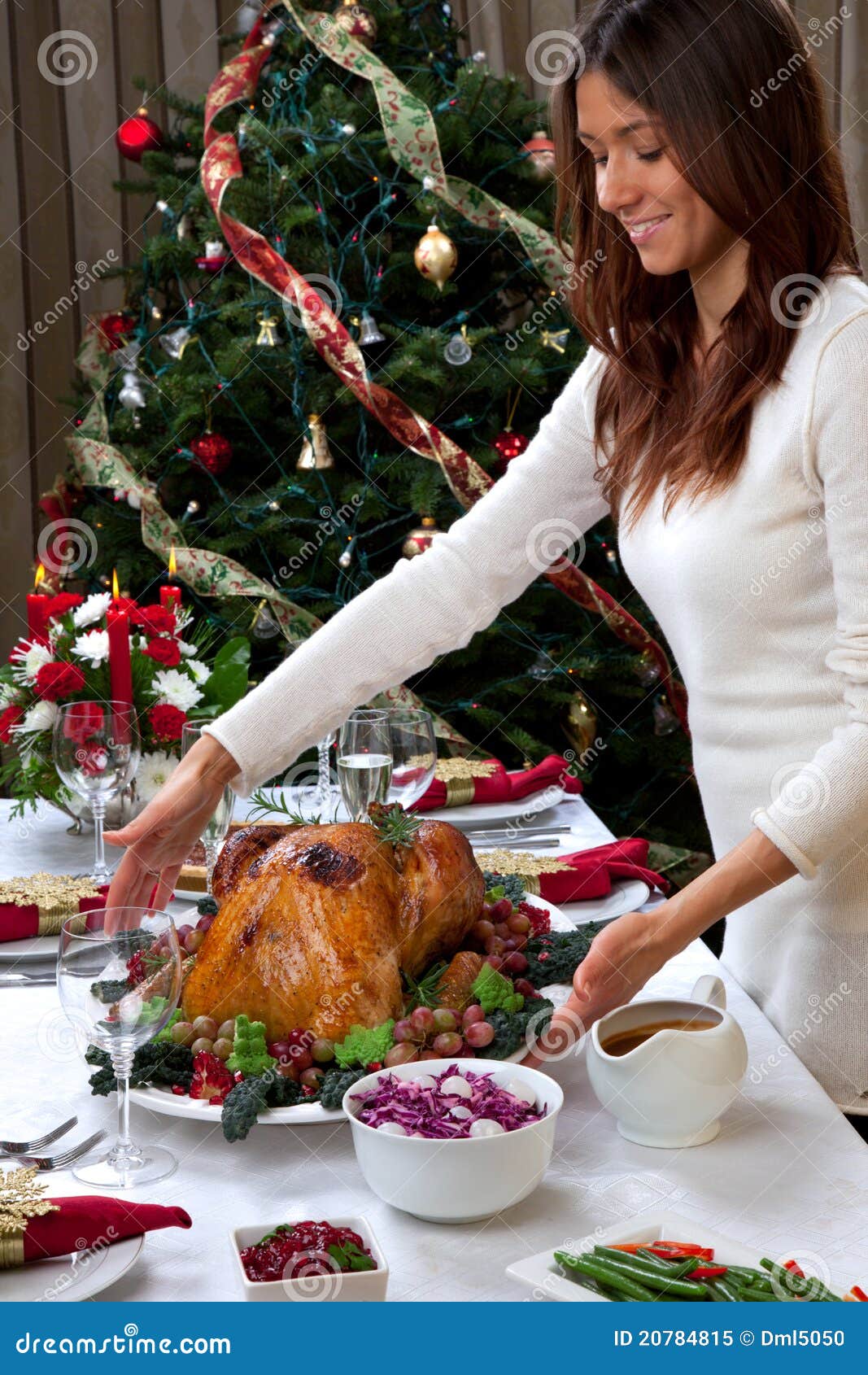 Christmas Roasted Turkey Woman Serving Royalty Free Stock