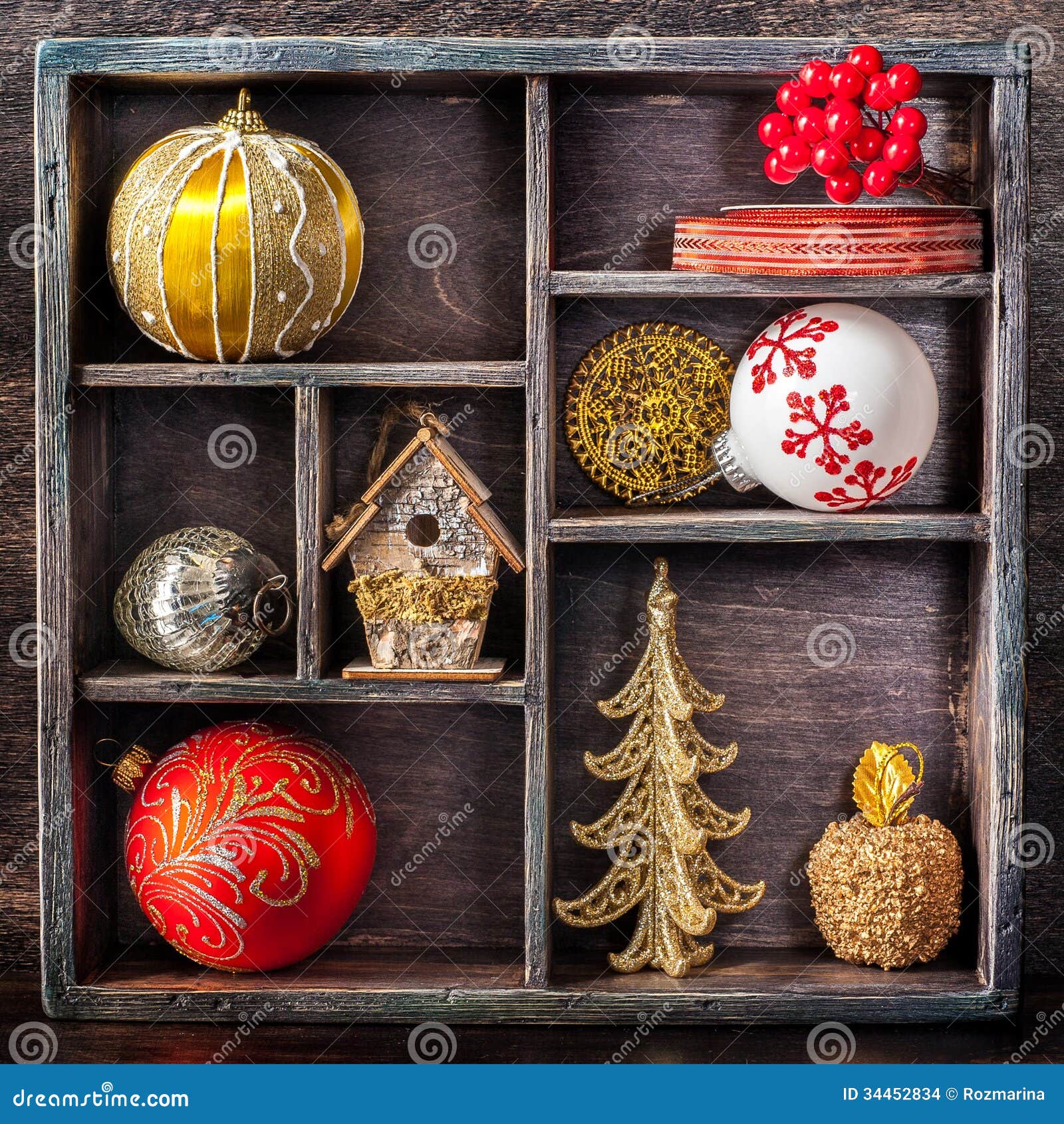 Christmas Toys And Decorations In A Vintage Wooden Tray Stock Images 