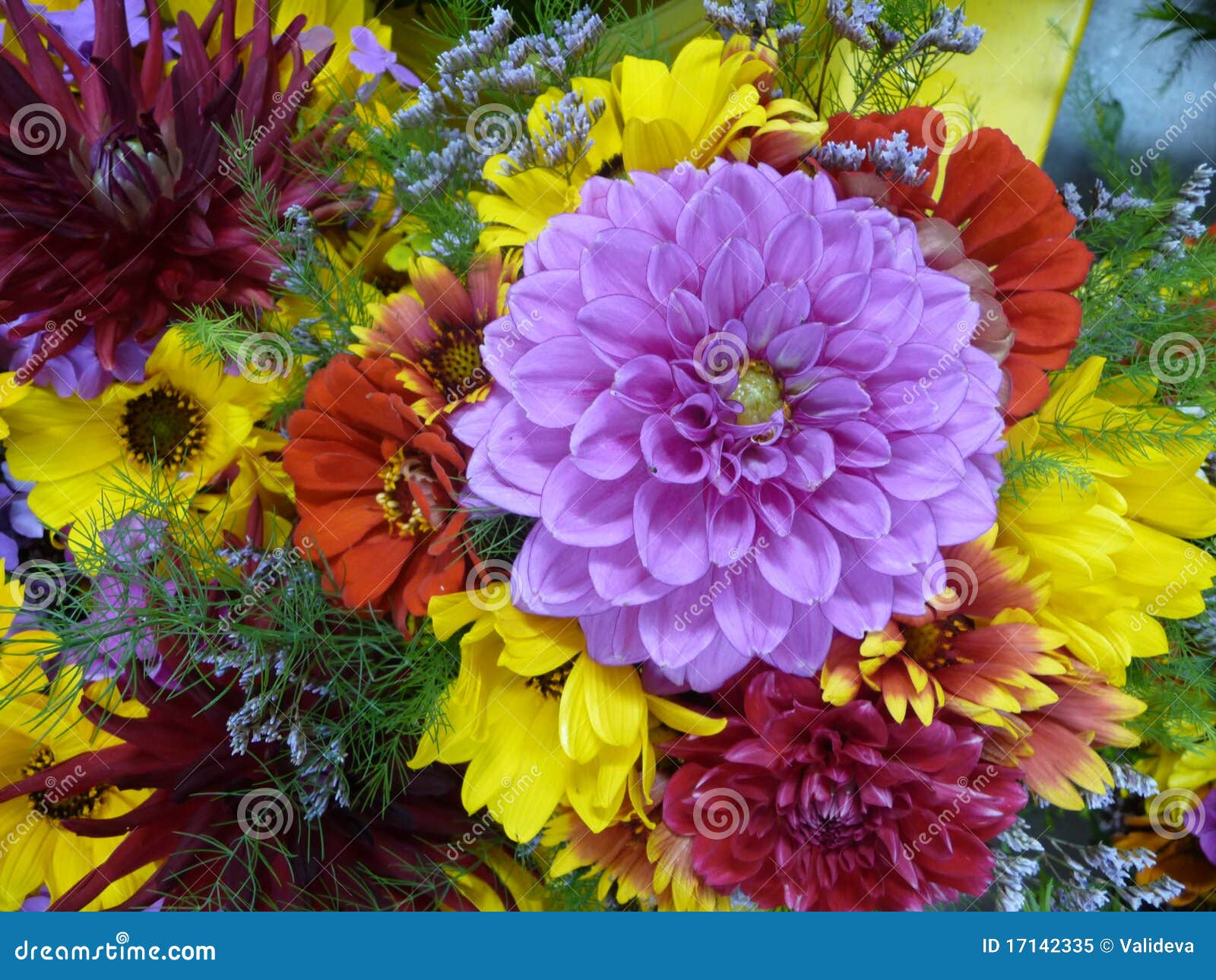 Beautiful and colorful bouquet of chrysanthemums and dahlias.