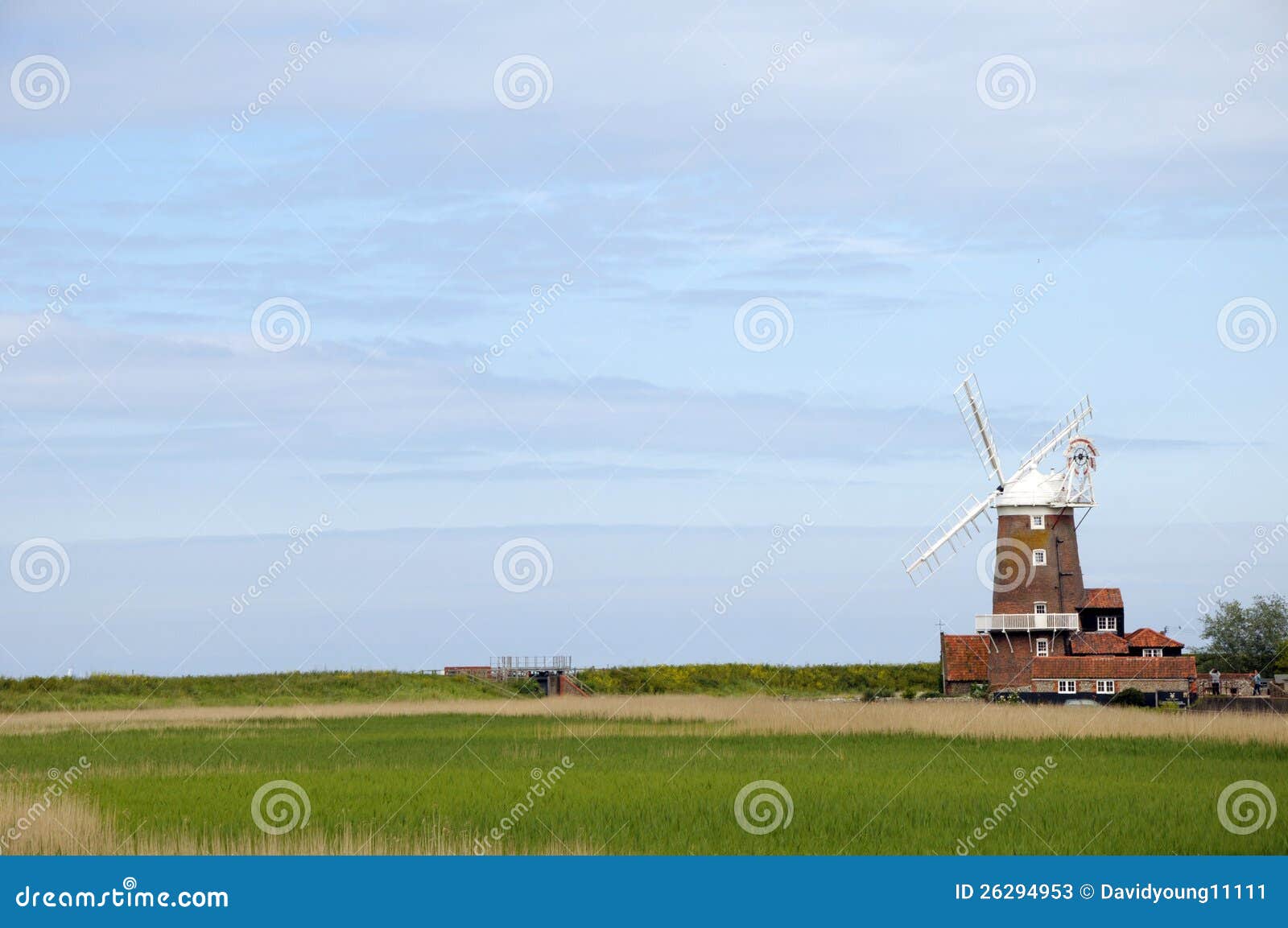Windmill across marshes at Cley, Norfolk.