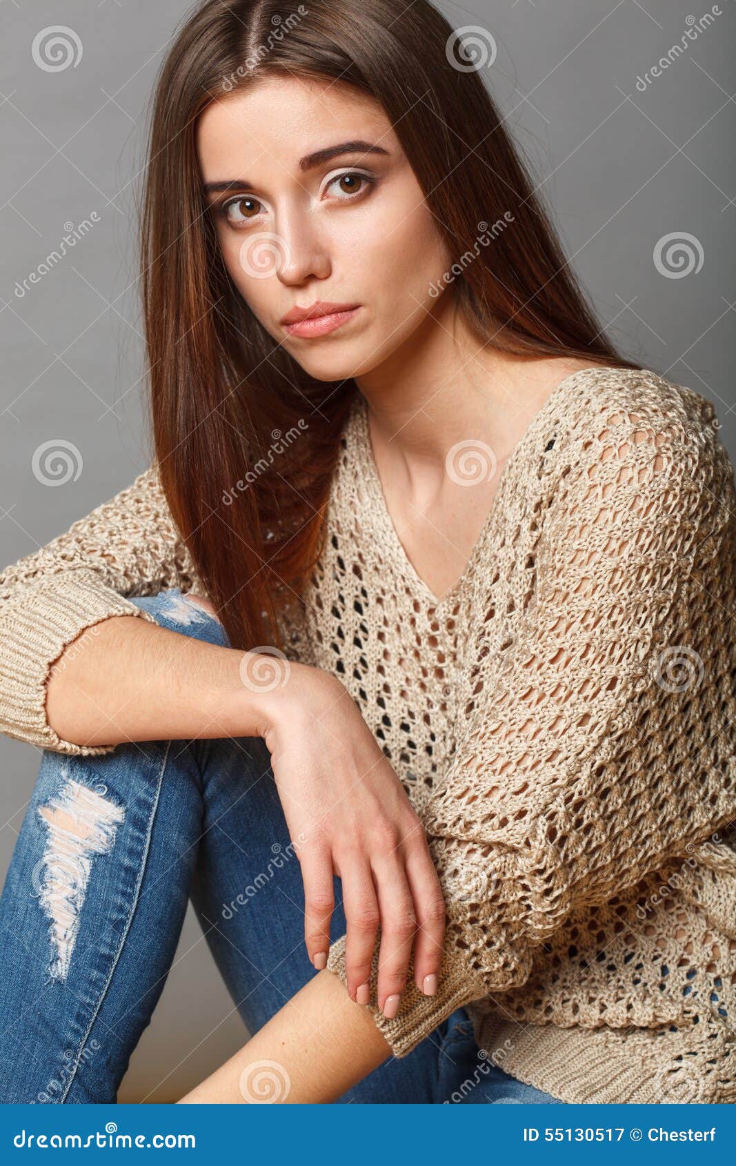 Closeup Brunette Woman Studio Portrait Stock Image Image Of Denim