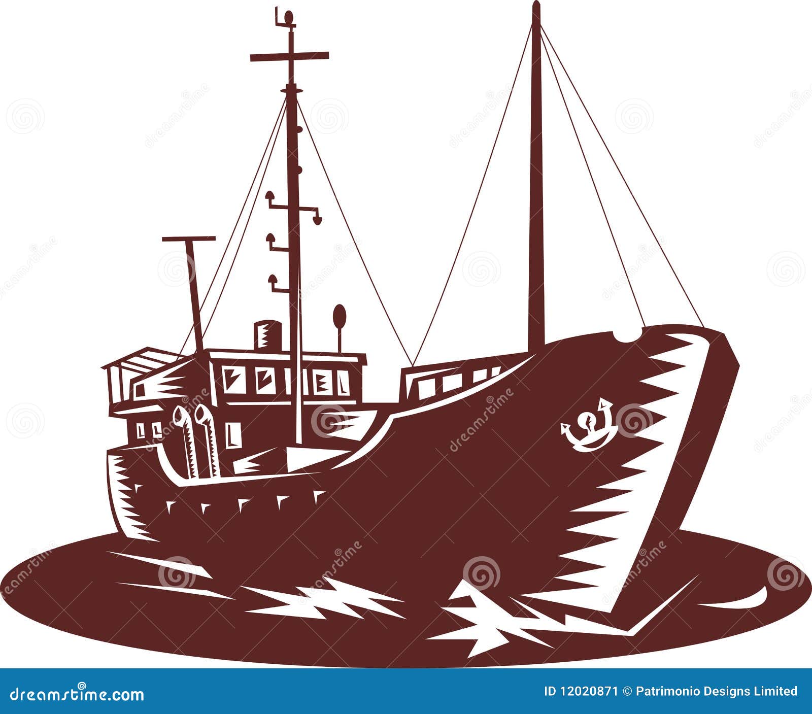 Illustration of a Coastal trader boat done in woodcut style.