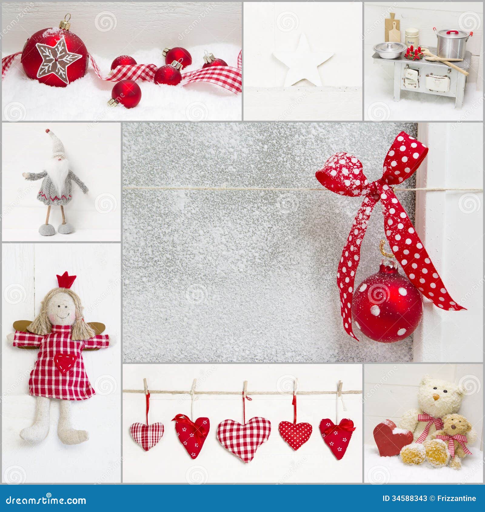 Collage of red and white christmas decoration with red checked heart ...