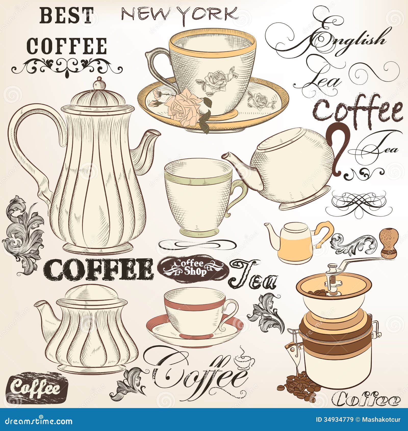 of elements hand cups  other of for drawn tea and retro teapots  Vector  vintage cups, set