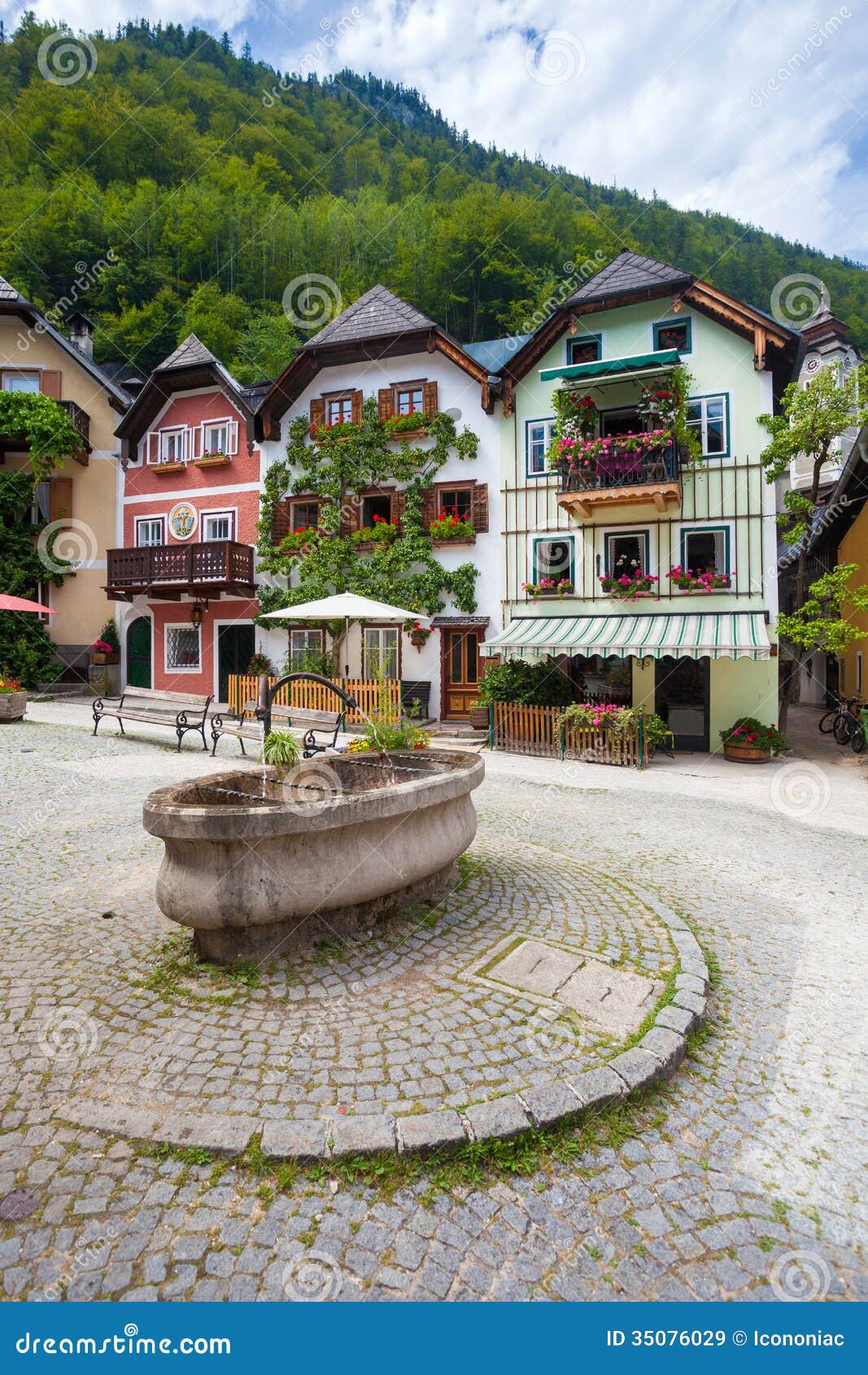 Colorful Houses Village Square In Hallstatt Royalty Free Stock ...