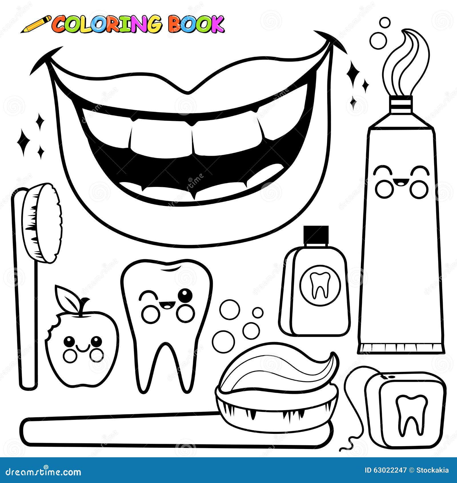 coloring page dental hygiene vector set black white outline objects toothbrush toothpaste floss mouth wash tooth bitten 63022247