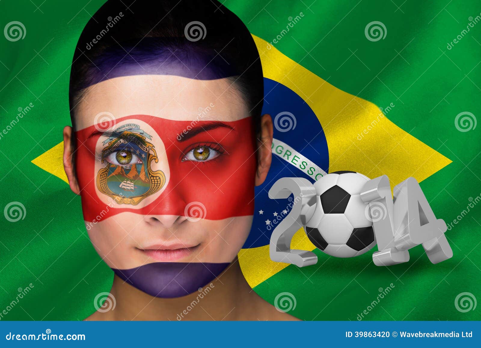Composite image of costa rica football fan in face paint Stock Photo - composite-image-costa-rica-football-fan-face-paint-against-world-cup-brasil-flag-39863420