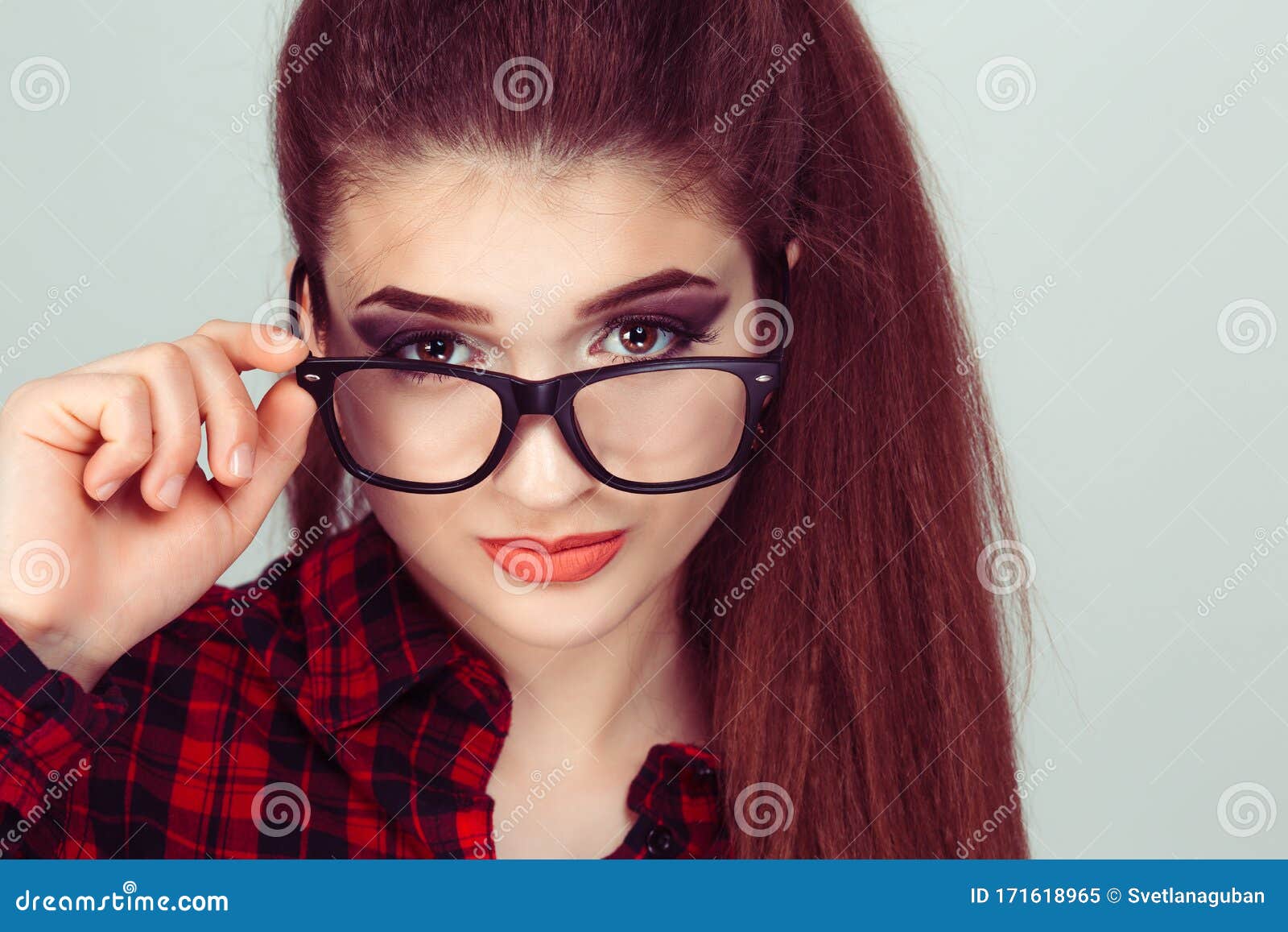 Woman Pulling Her Glasses Down Green Stock Photos Free Royalty Free