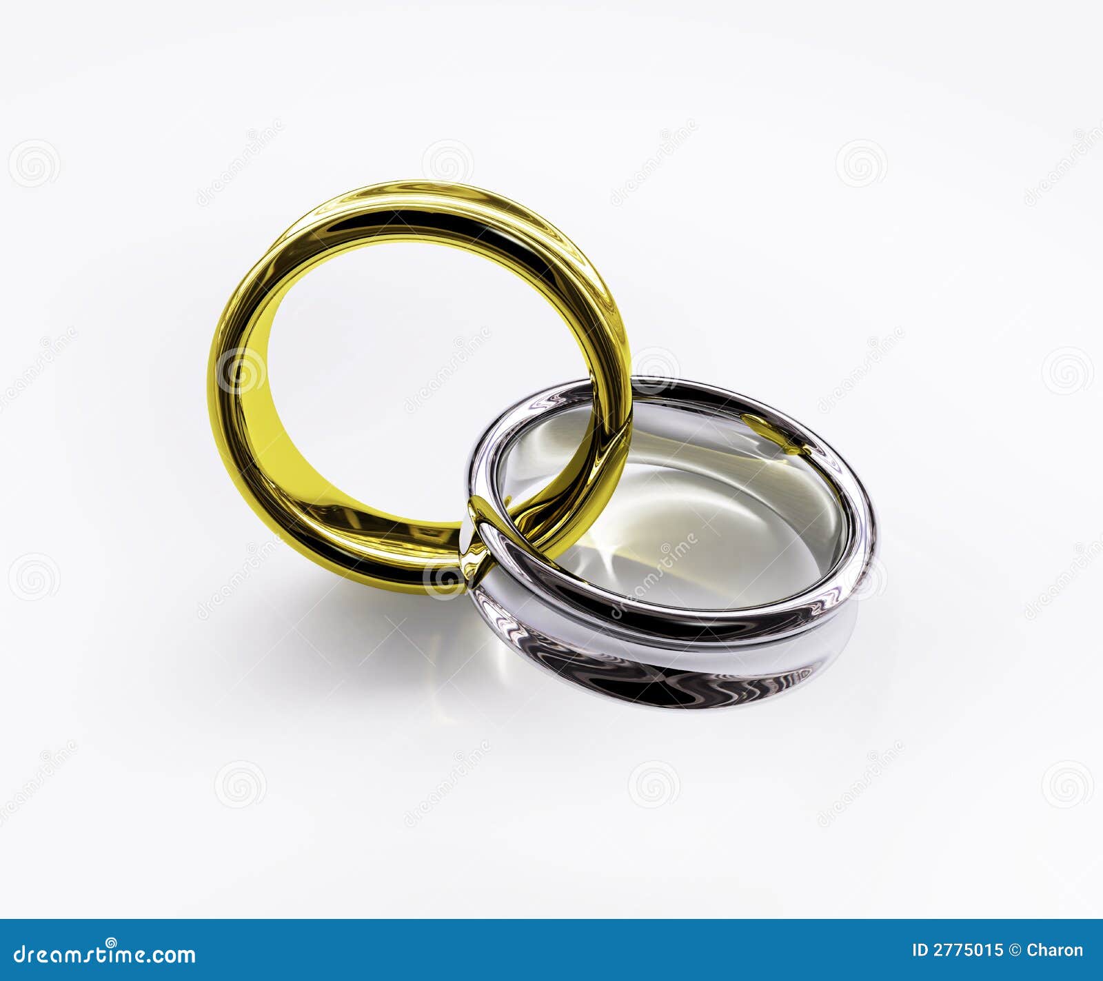 3D rendering of two interconnected reflective golden and silver rings ...