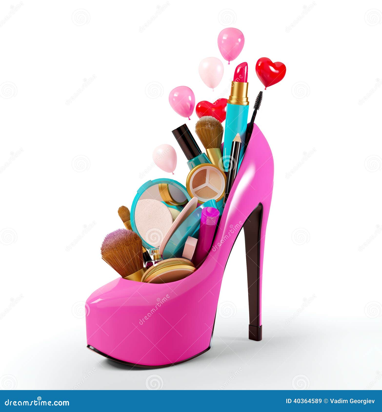 Cosmetics set into a woman's shoe. Fashion illustration