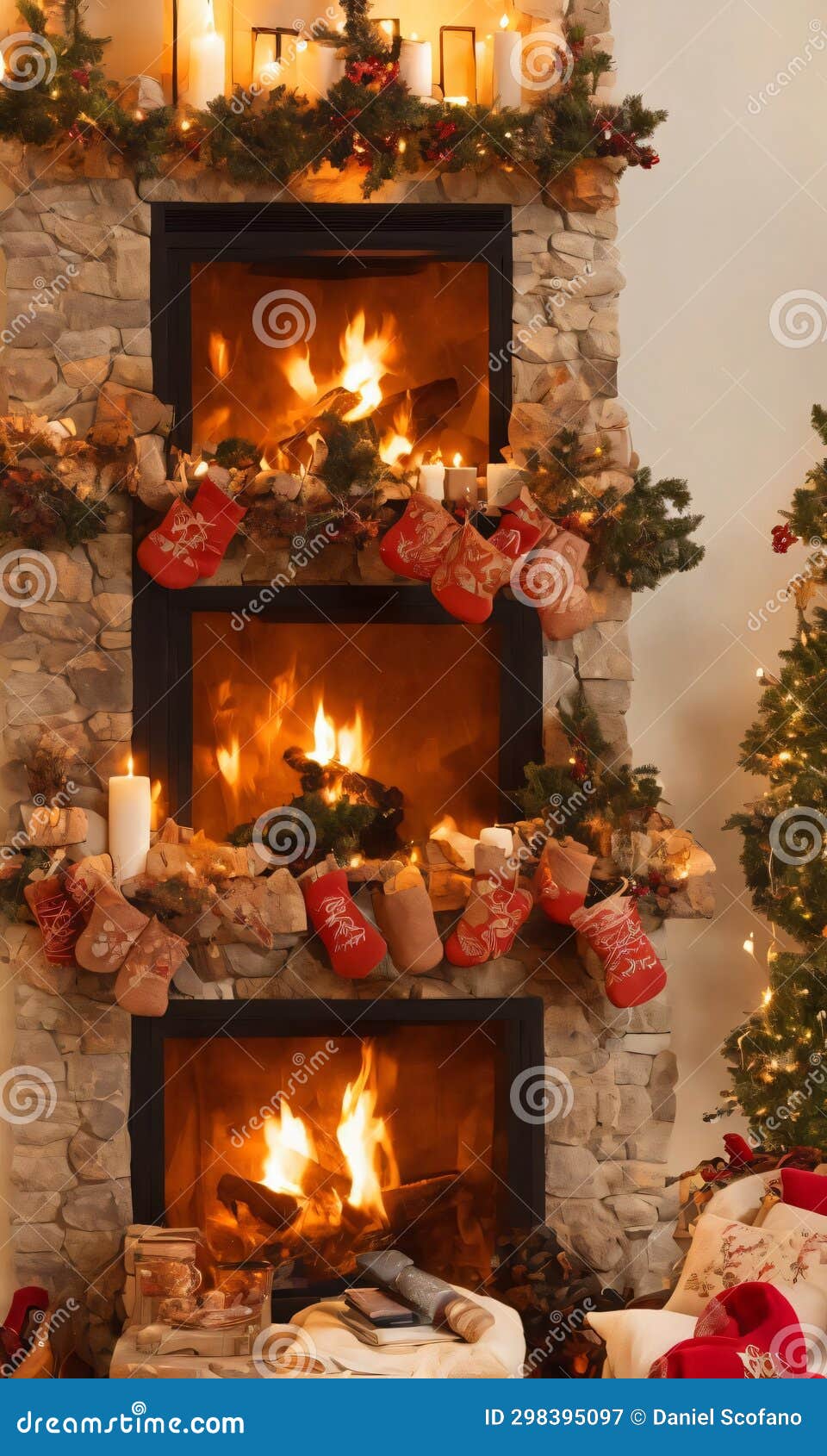 A Cozy Fireplace With Stockings Illuminated By The Soft Glow Of