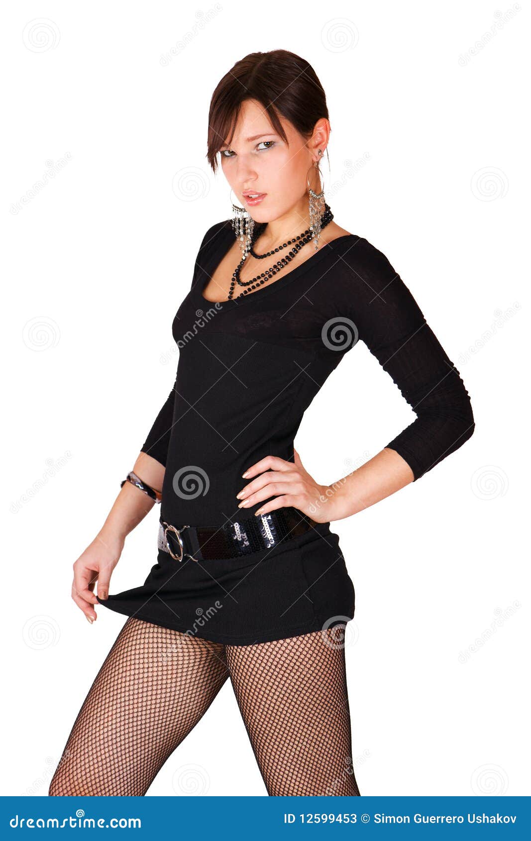 Cute Brunette Girl In Black Sexy Dress Isolated Stock