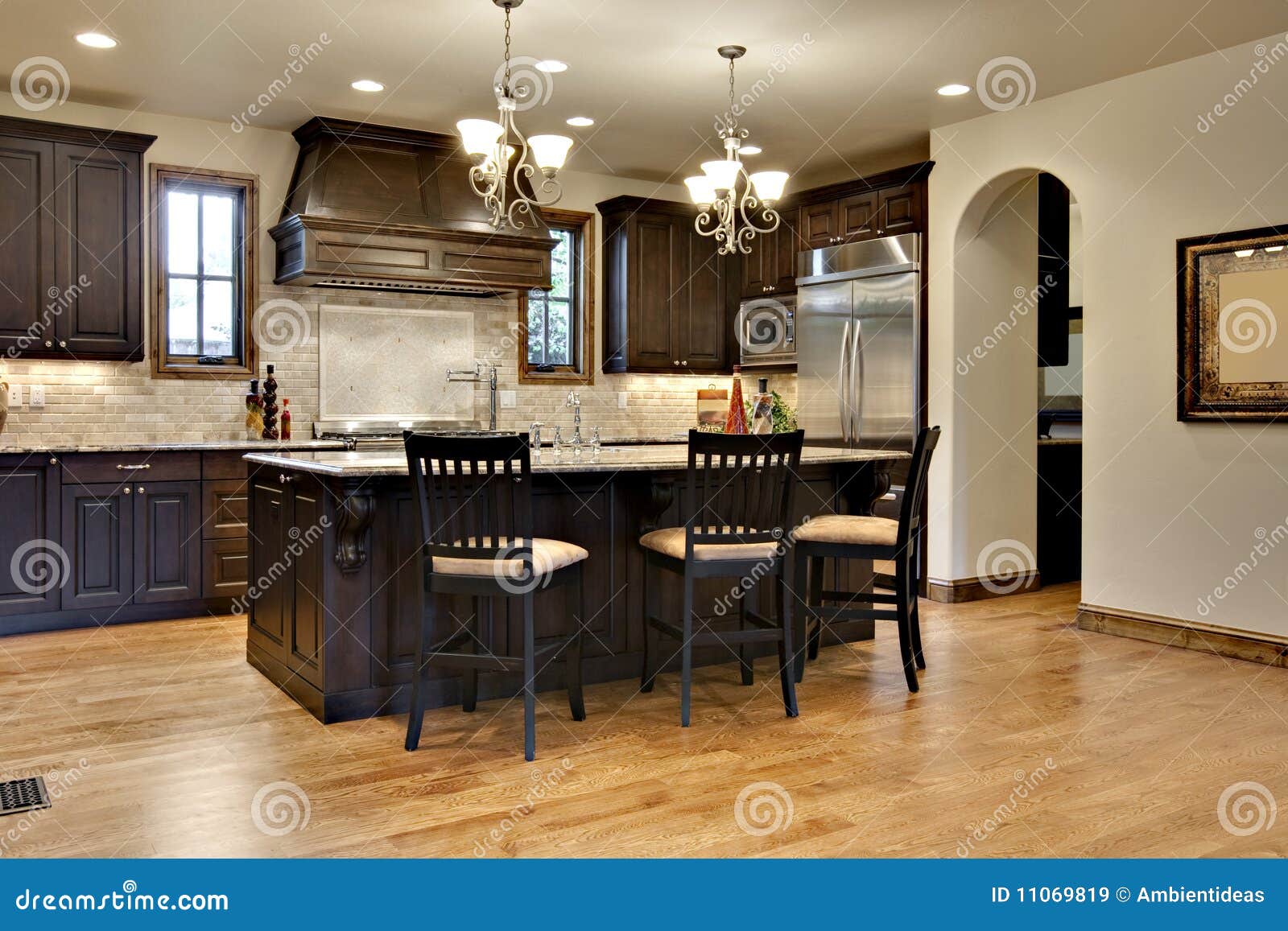 Dark Wood Kitchen With Granite Counters Royalty Free Stock Images ...