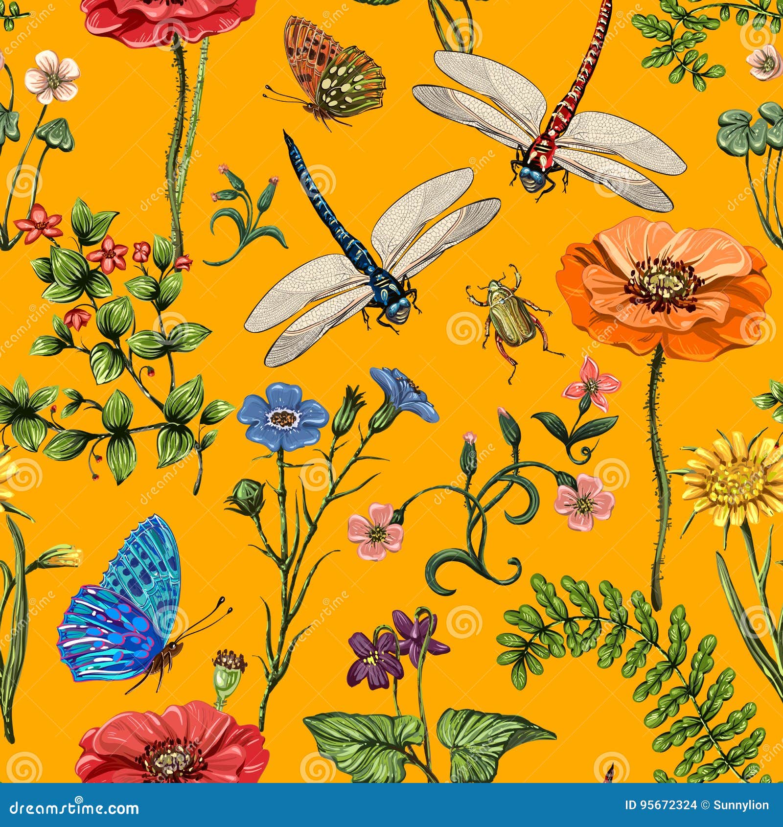 Insecten Behang de zomer vector naadloos patroon botanisch behang installaties insecten bloemen uitstekende stijl vlinders libellen 95672324 - Insecten Behang