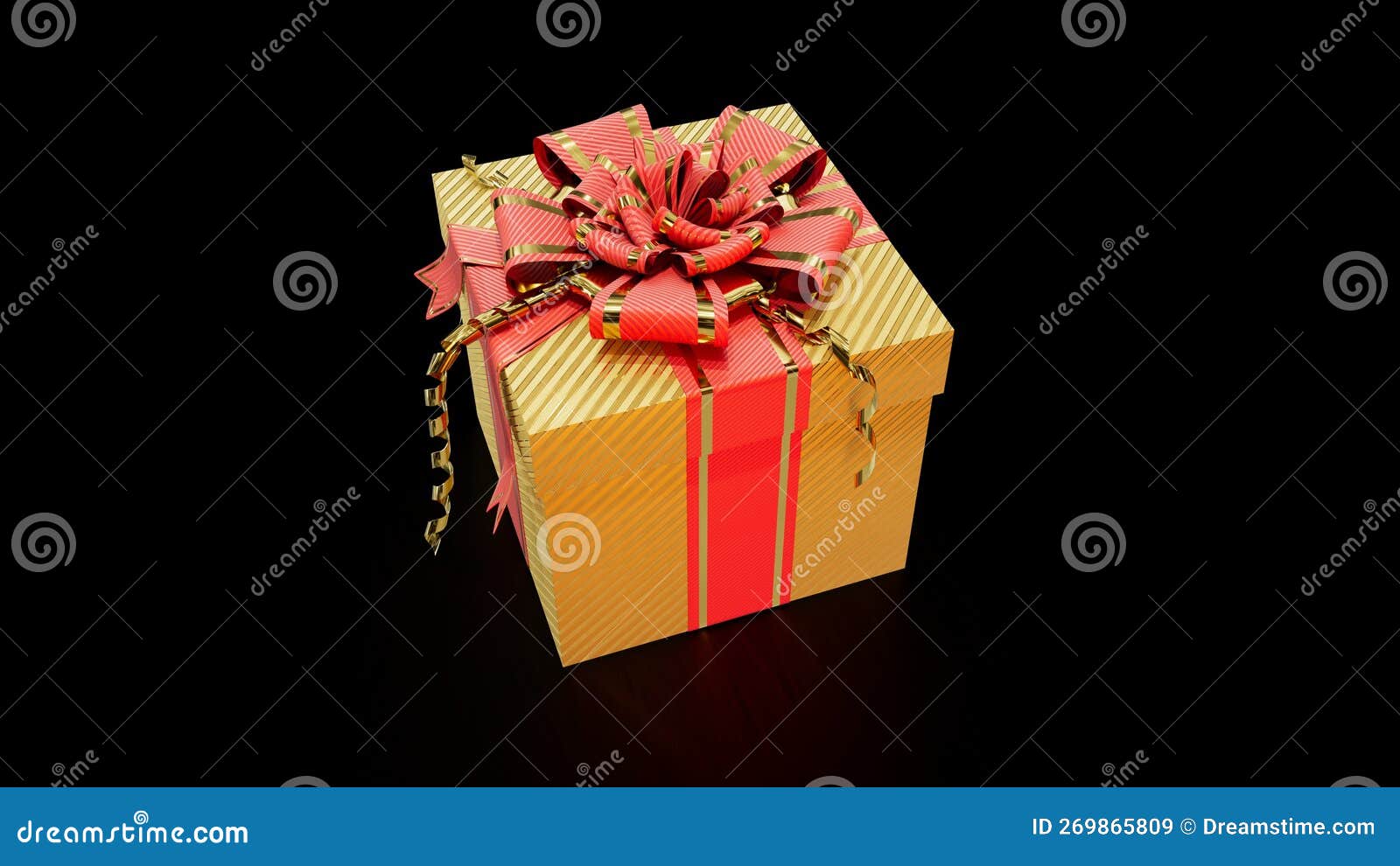 Decorated Gold And Red Surprise Gift Box On Black Backdrop Isolated