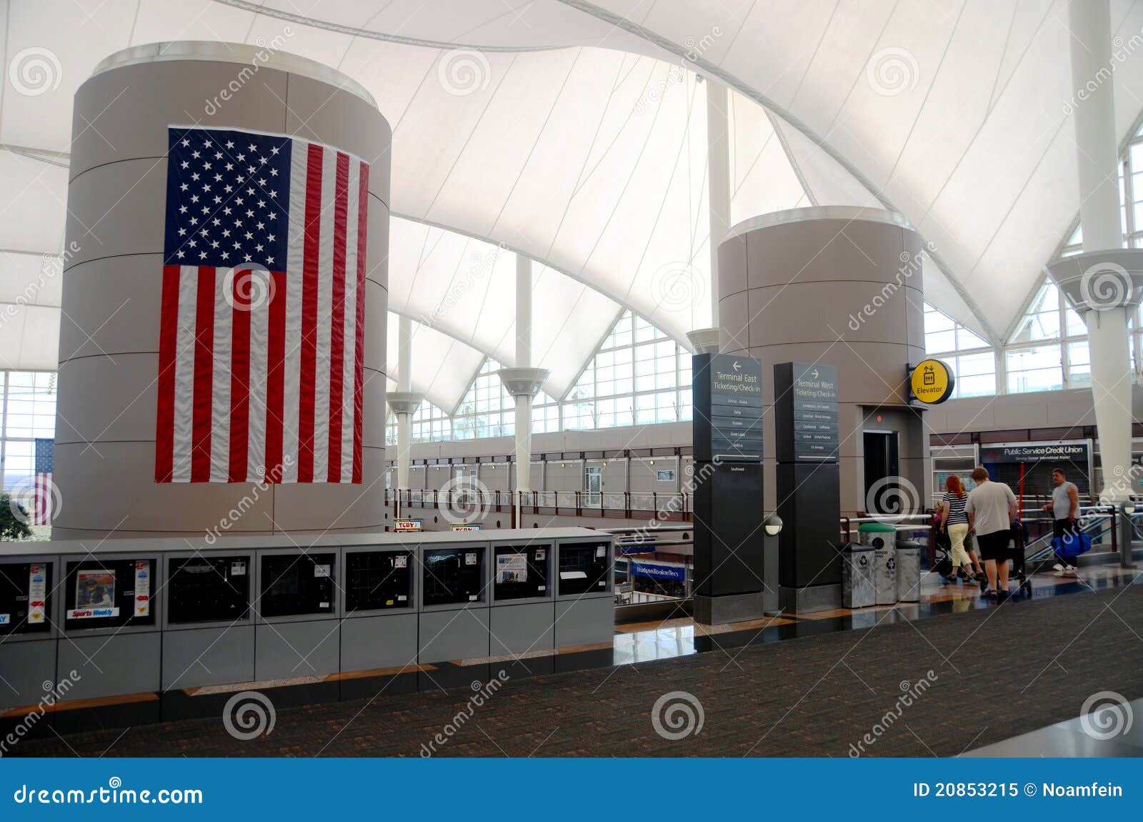 Departure hall in Denver international airport interior.