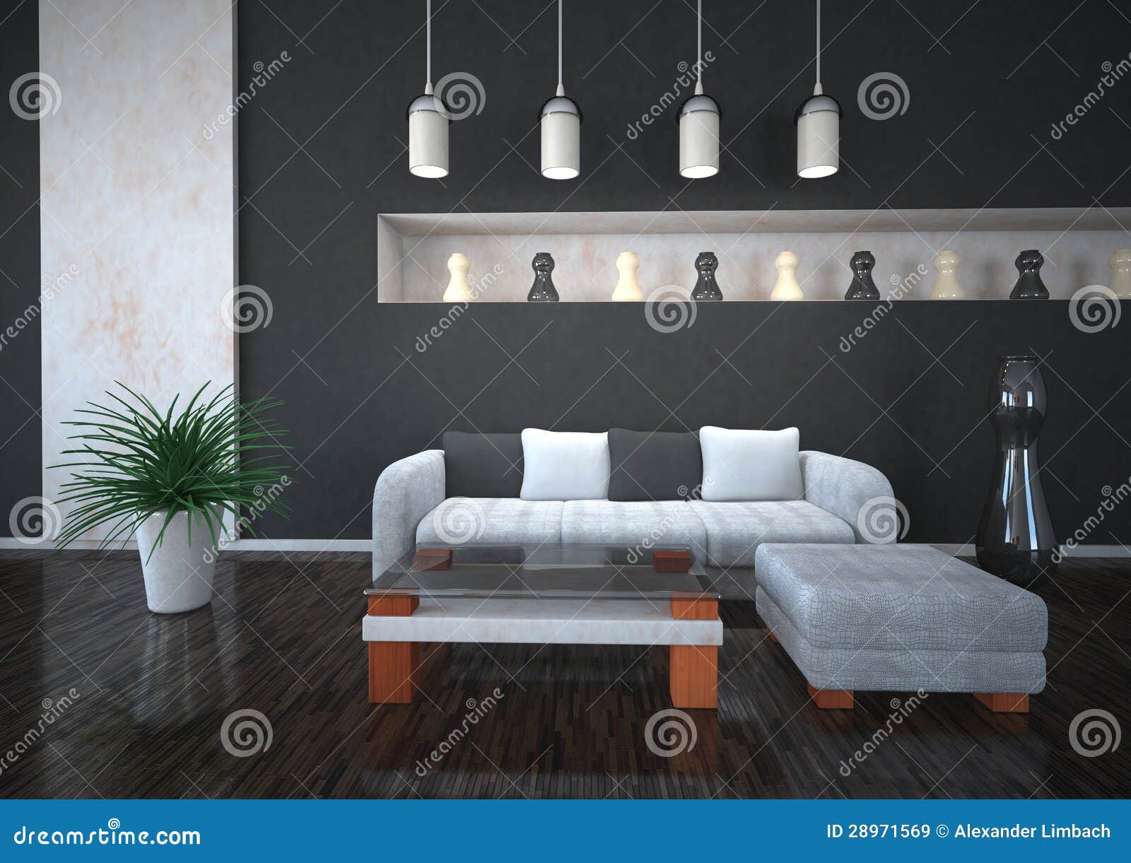 Design de interiores em cores preto e branco com sofÃ¡ e planta.