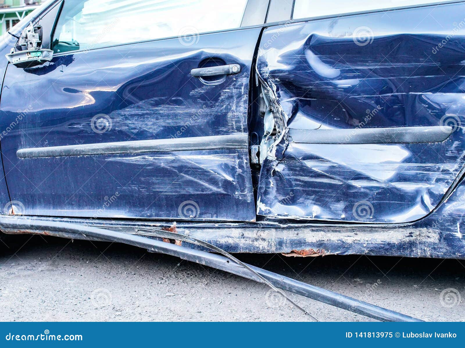 Detail Of Crashed Car After Accident Blue Metal Plates On Side Door