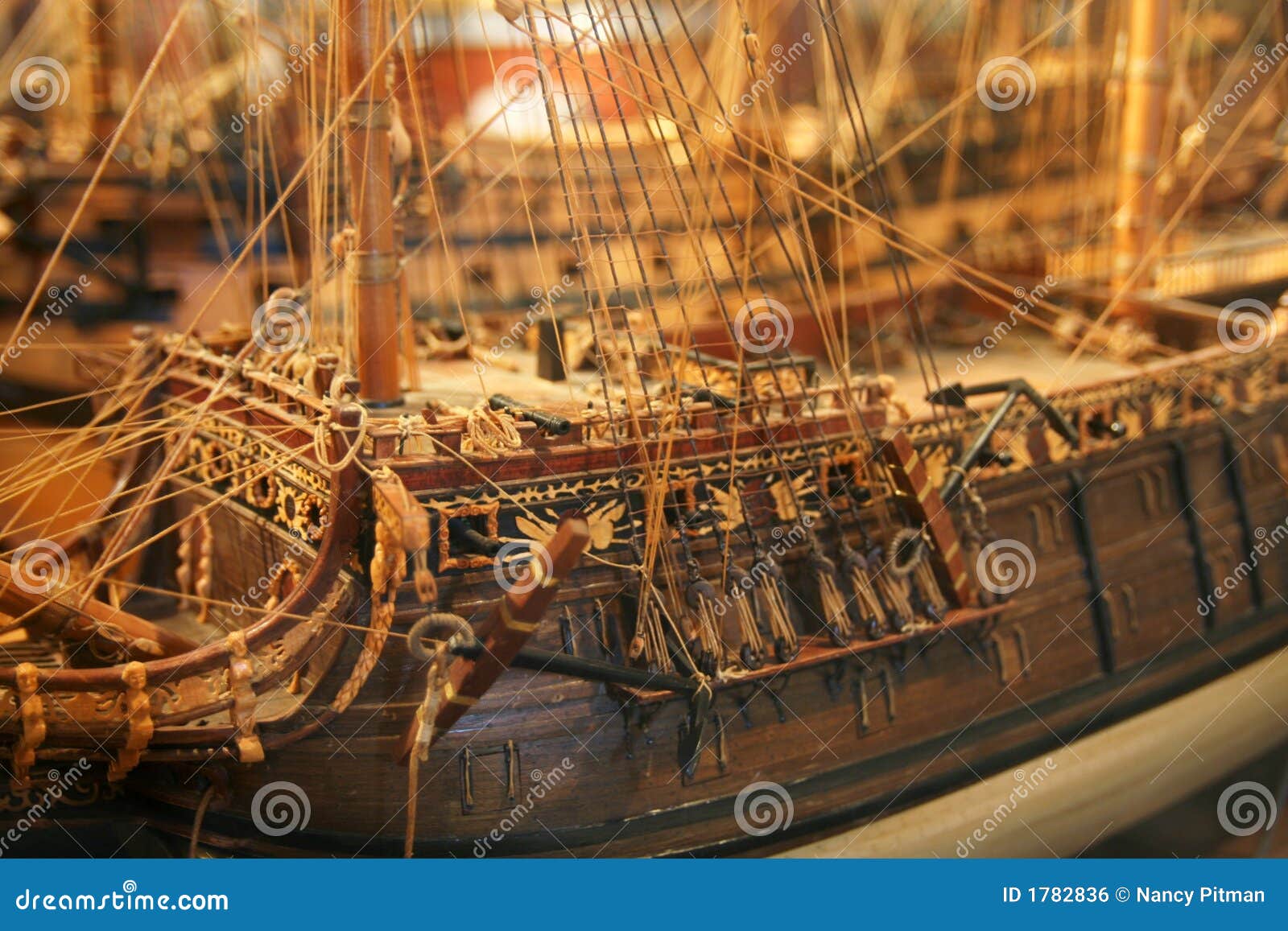 Model of masted or pirate ship, with intricate detailing.