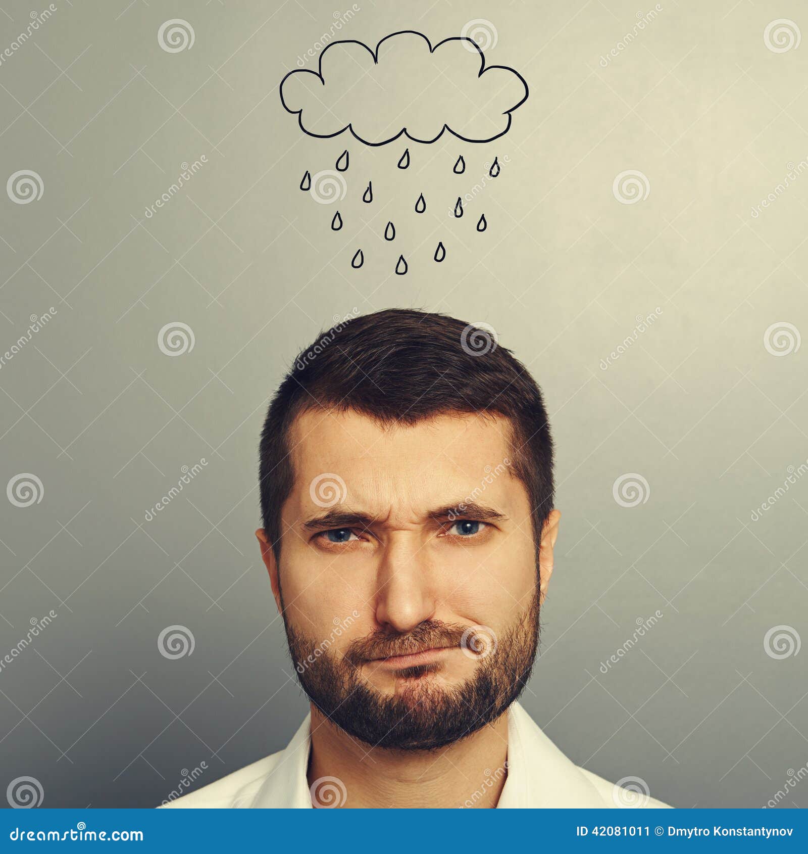 Dissatisfied man with drawing <b>storm cloud</b> - dissatisfied-man-drawing-storm-cloud-portrait-over-grey-background-42081011