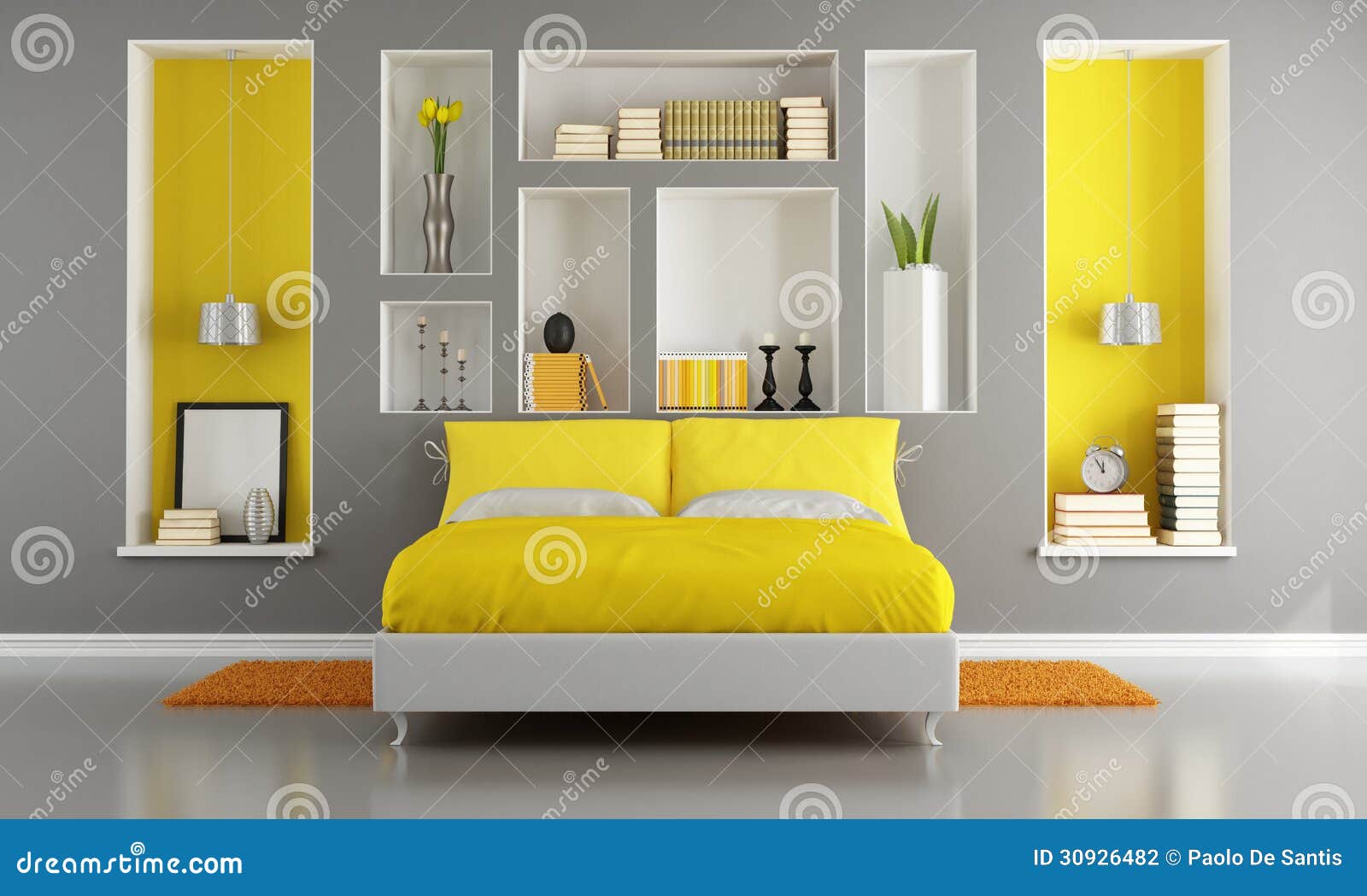 Dormitorio Moderno Amarillo Y Gris Fotografía de archivo - Imagen: 30926482