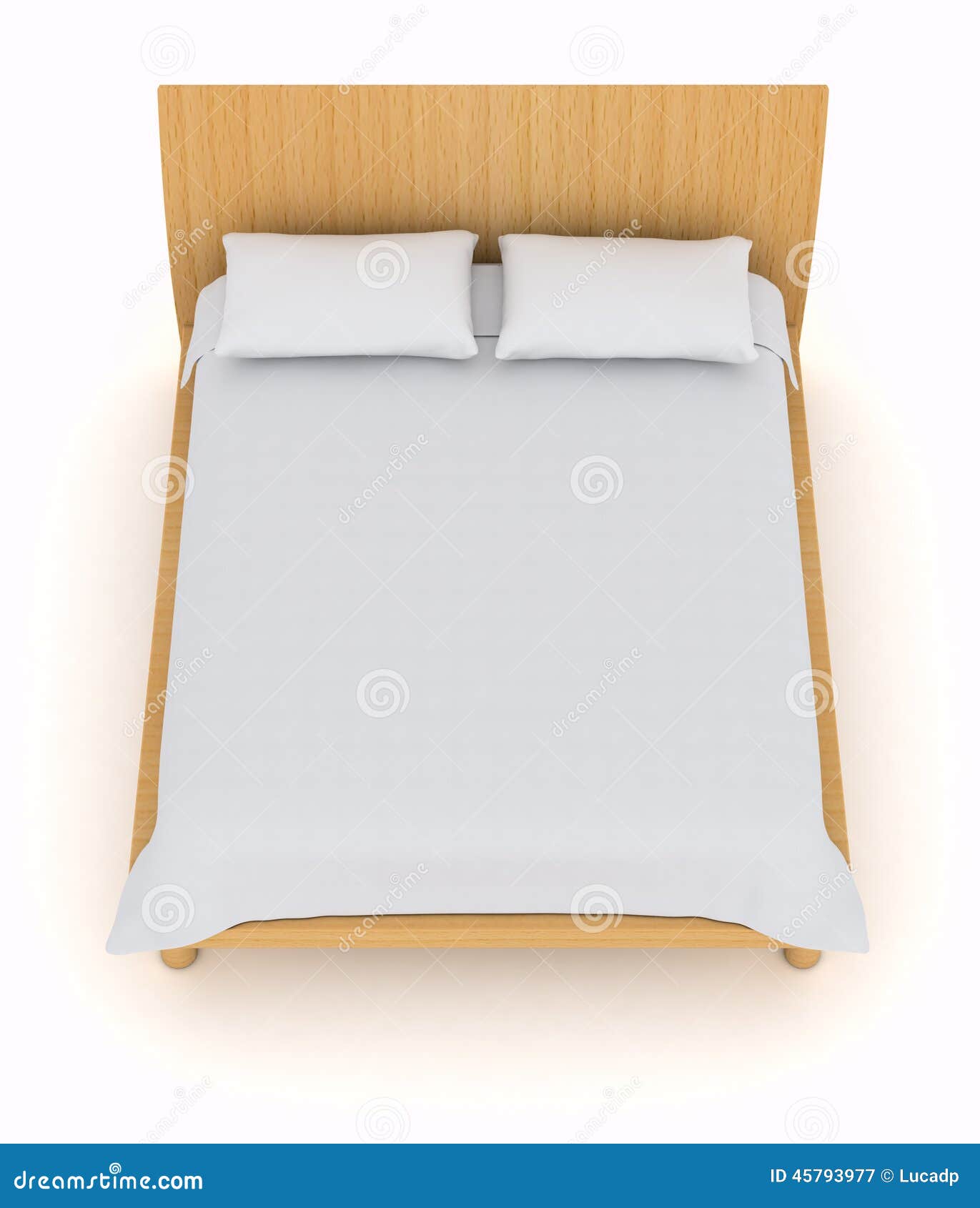 Top view of a double bed with white pillows and blanket (3d render).