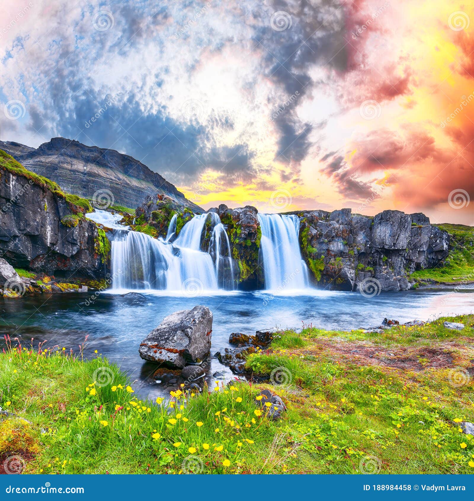 Dramatic View On Kirkjufellsfoss Waterfall Near Kirkjufell Mountain At