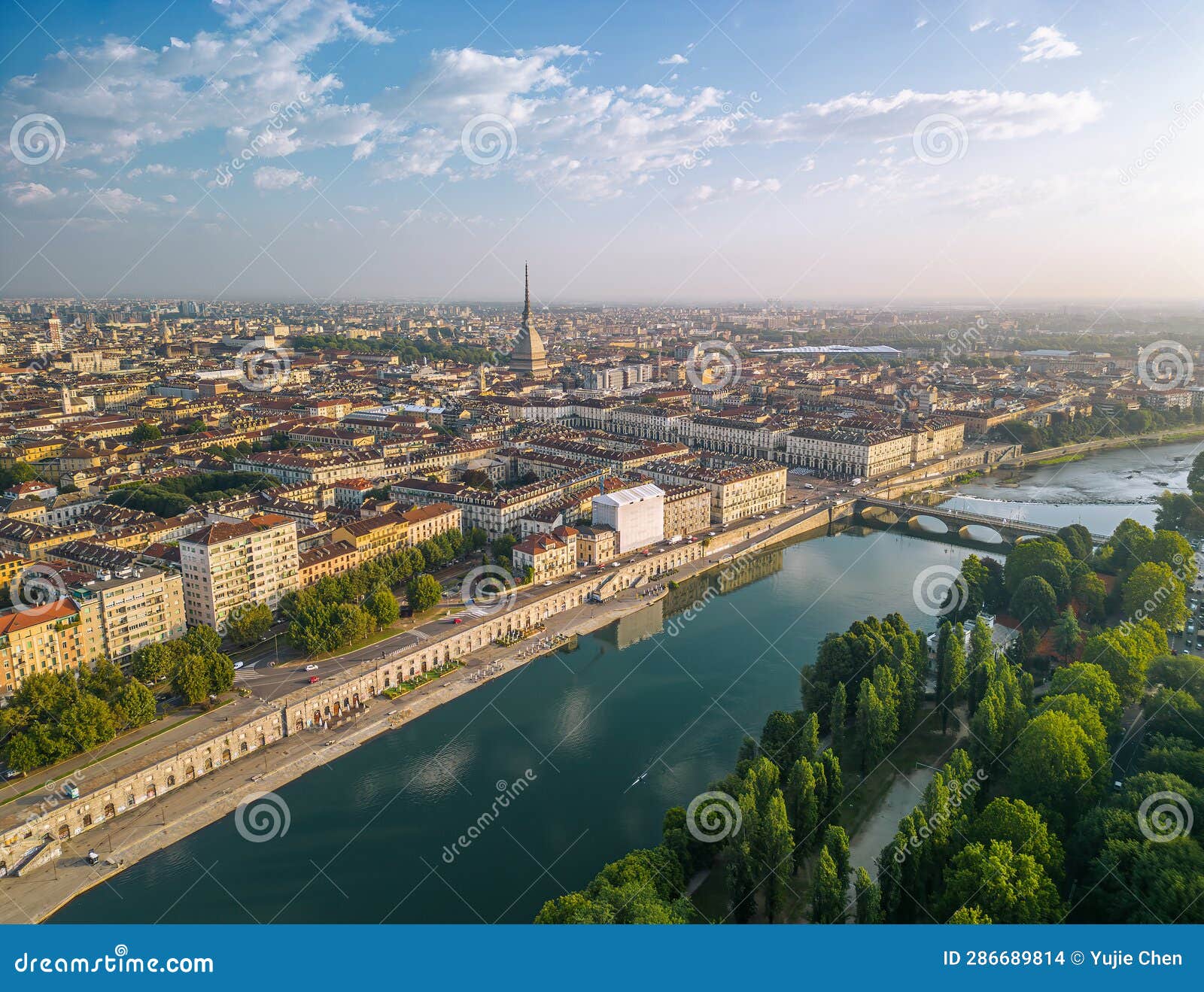 The Drone Aerial View Of Turin City Centre With Mole Antonelliana At