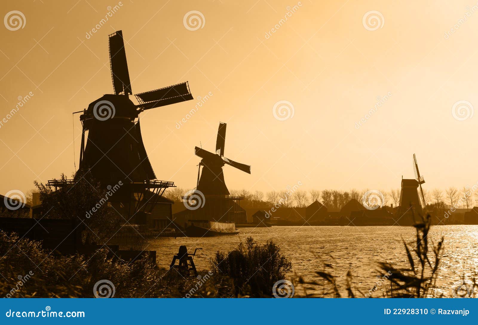 Dutch windmills silhouettes