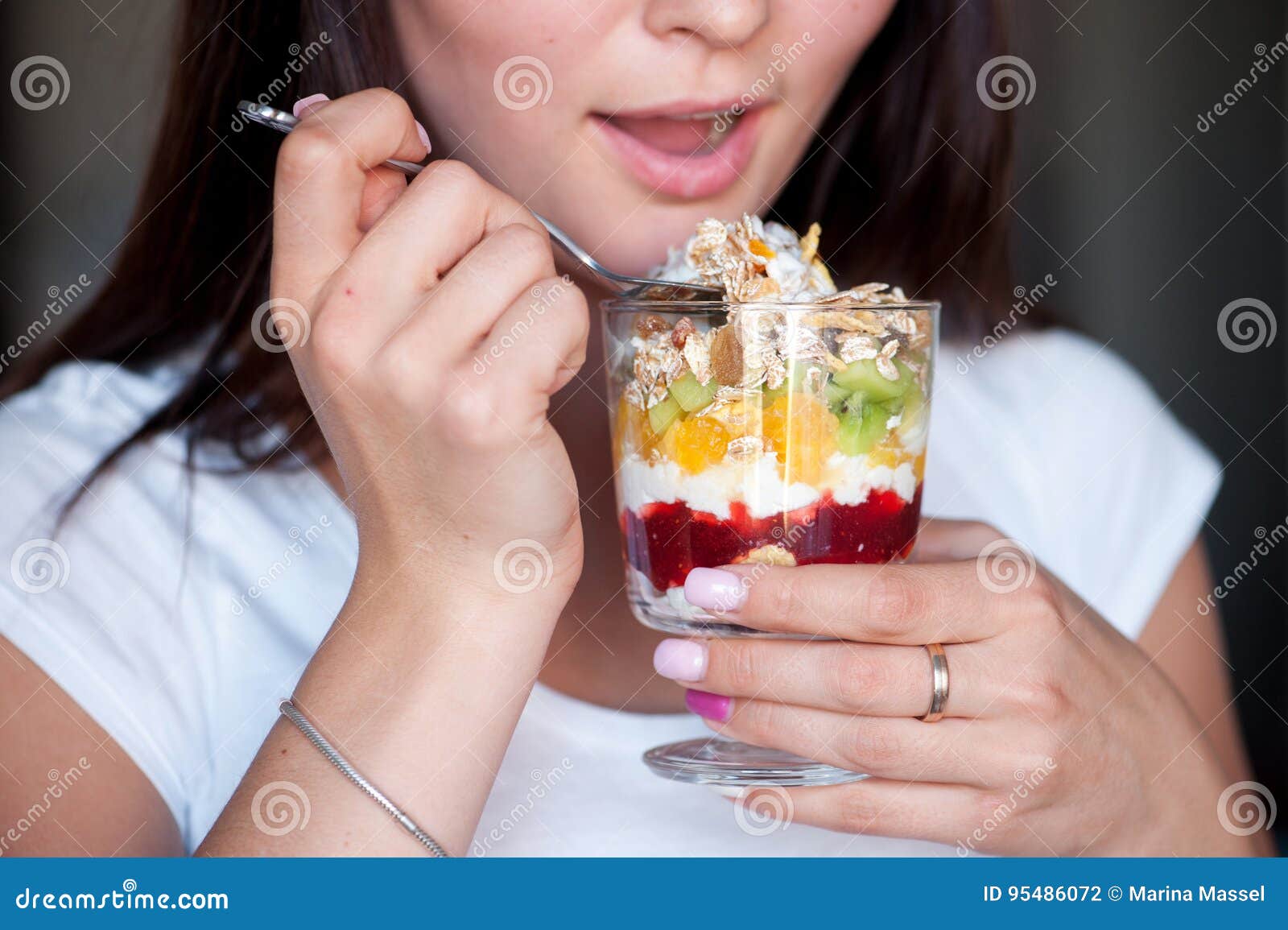 Eating Dessert Close Up Woman Tasting Creamy Dessert Stock Photo
