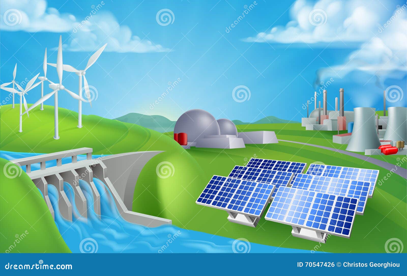 Energy or power generation sources illustration. Includes renewable 