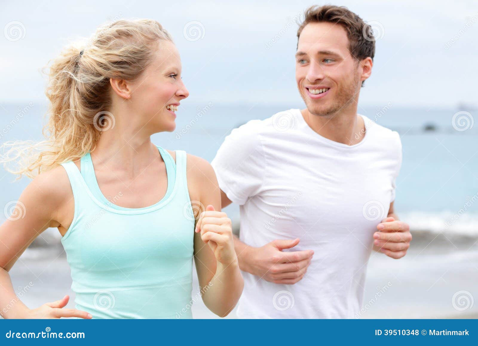 Exercise Running Couple Jogging On Beach Talking Stock Photo - Image ...