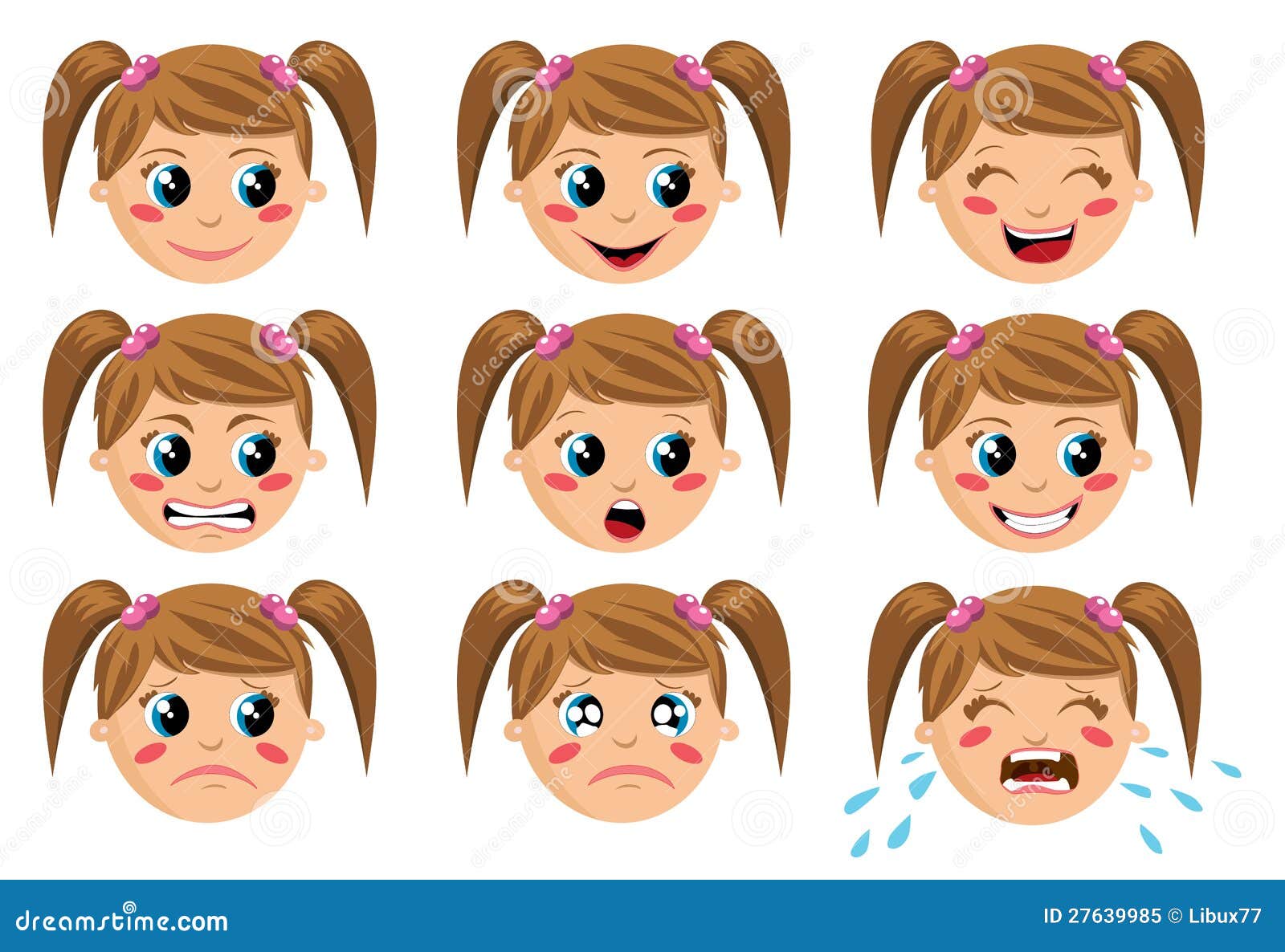 Nine face expressions of a funny cartoon girl isolated on white ...