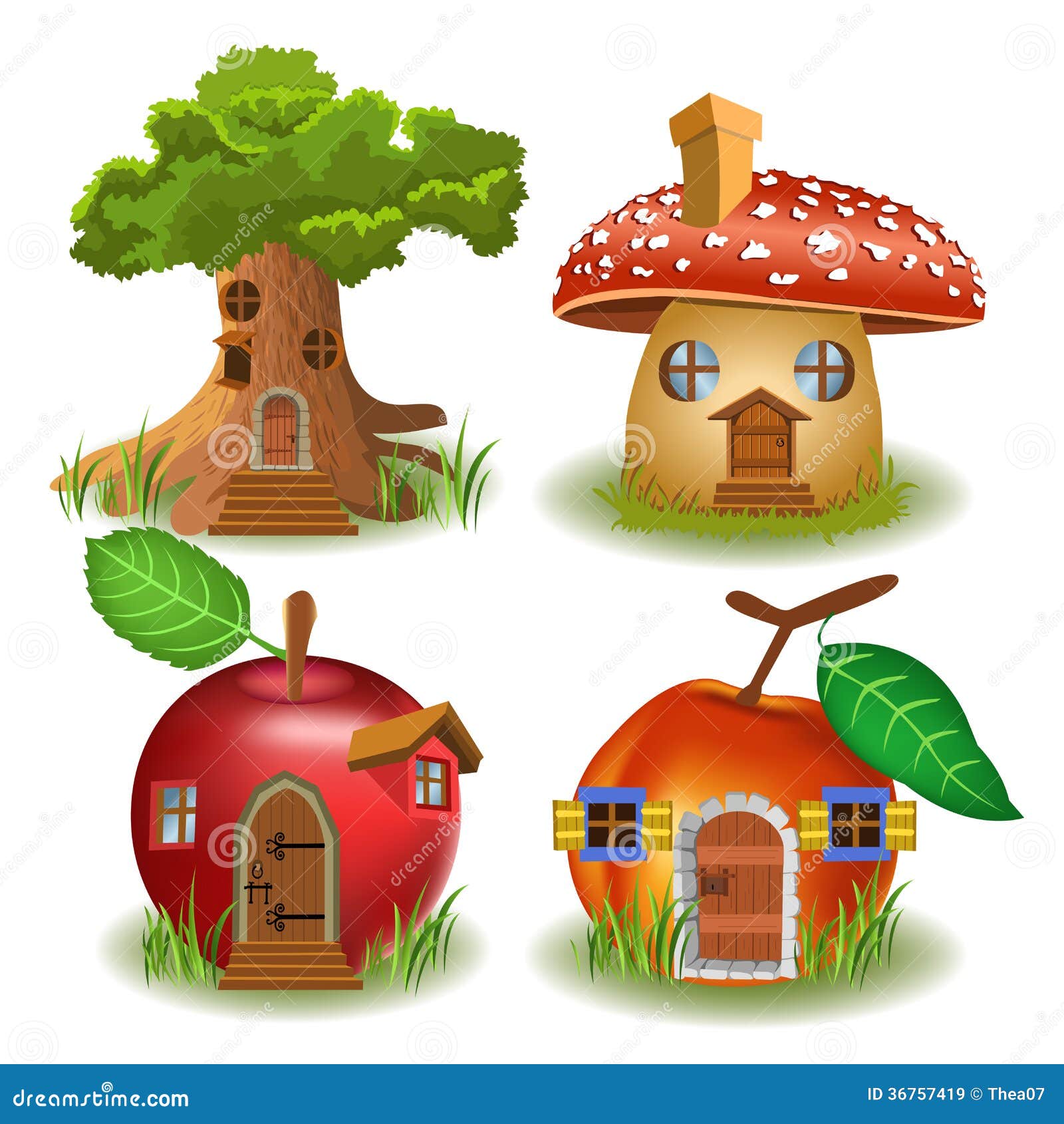 of a tree house, mushroom house, apple house and peach house 