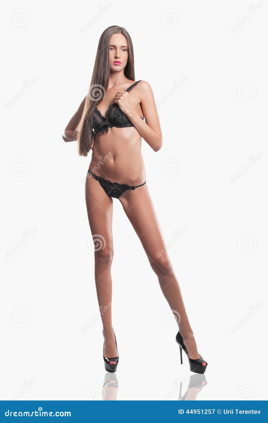 Fashion Model With Long Hair In Black Lingerie Stock Image Image Of
