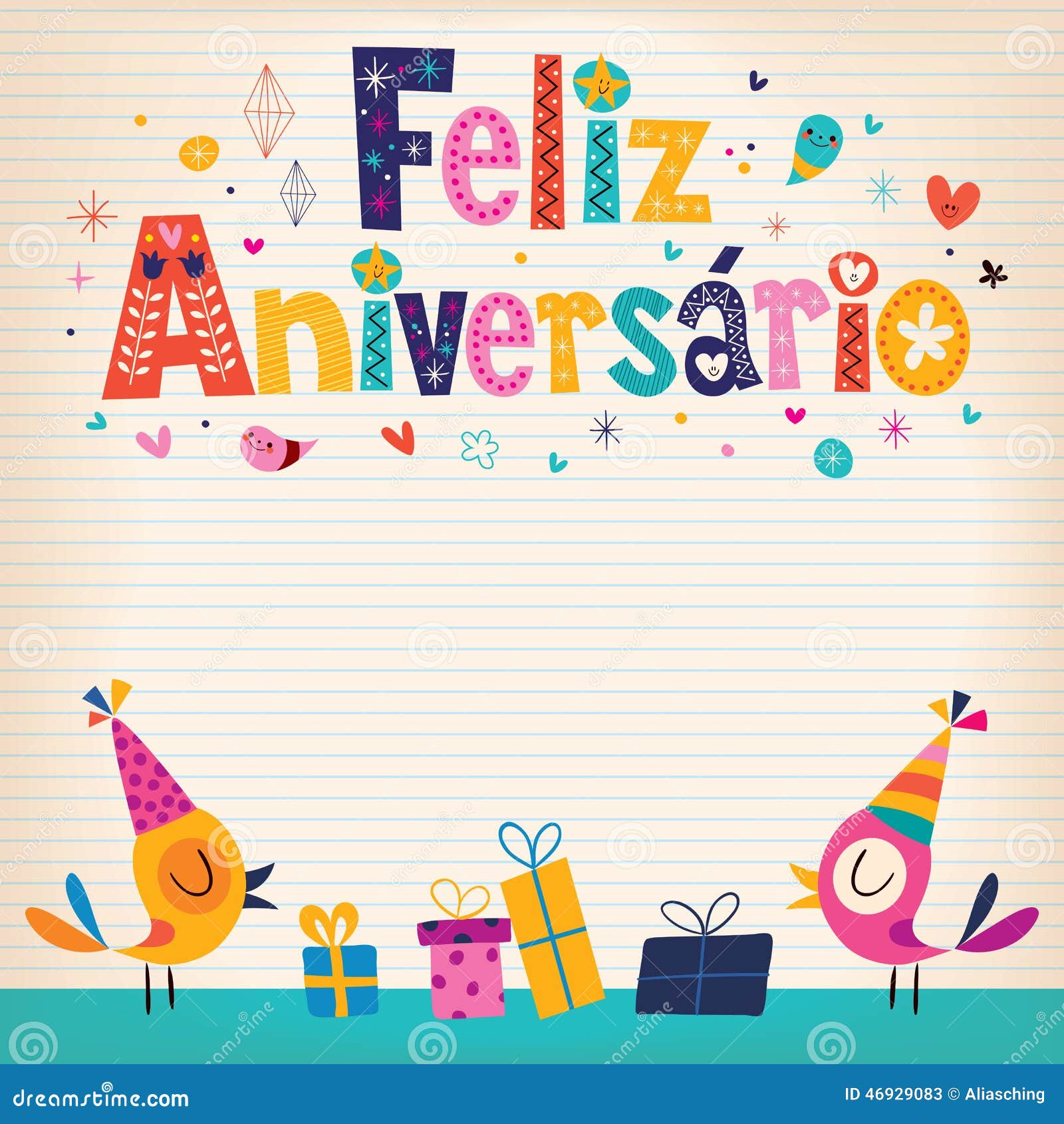 feliz aniversario portuguese happy birthday card retro style decorative lettering cute birds 46929083