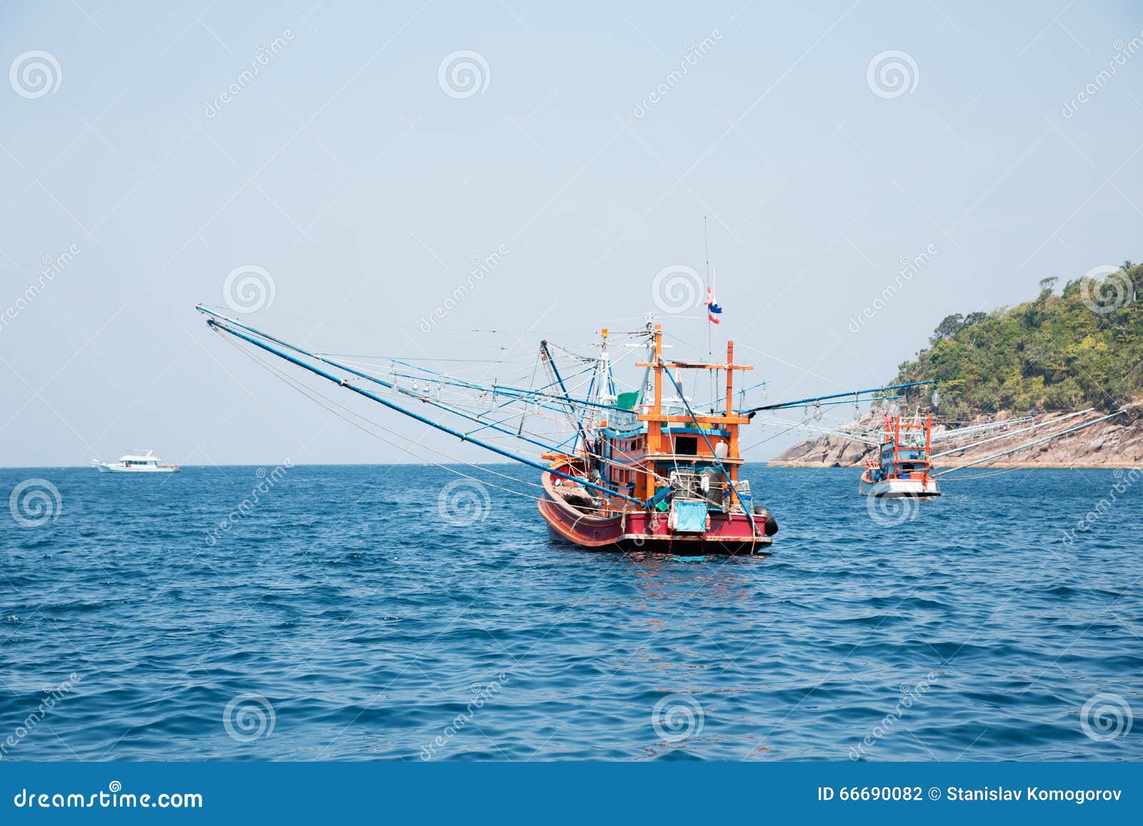 Fishing Trawler Off The Island In The Andaman Sea, Thailand Stock 