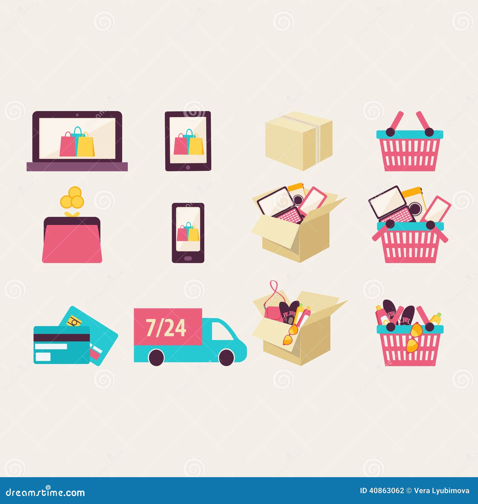 Set of twelve flat design vector e-commerce symbols with a laptop ...