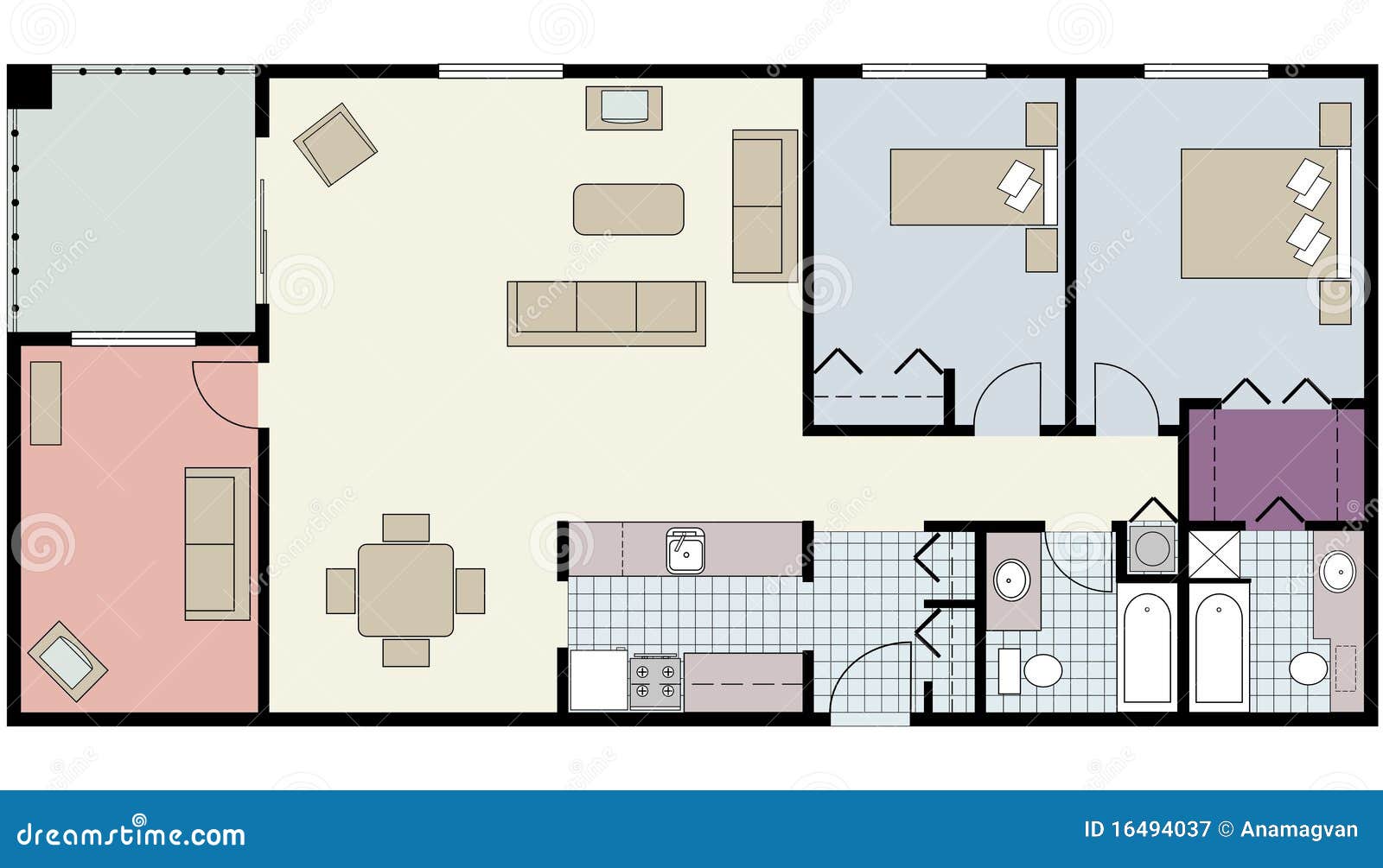 Floor Plan Of Two-bed Condo With Den, Furniture Royalty Free Stock ...