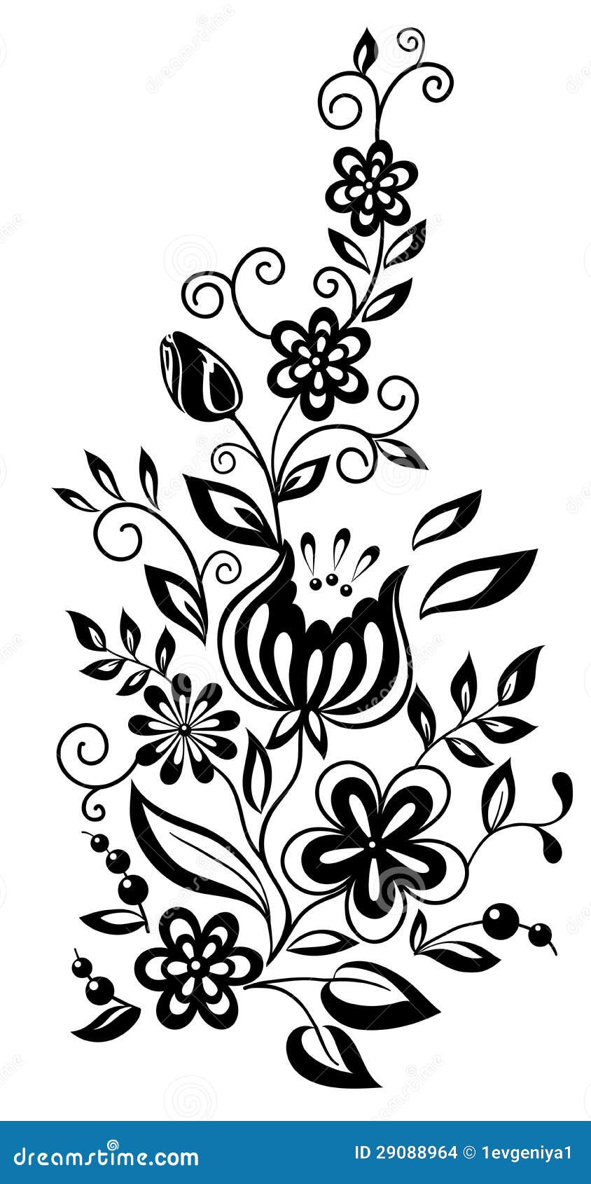 Flores e folhas preto e branco. Elemento do design floral no estilo ...