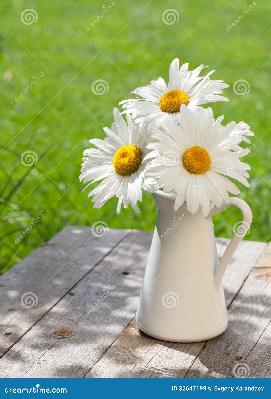 Fresh garden chamomile bouquet in vase on wooden table.