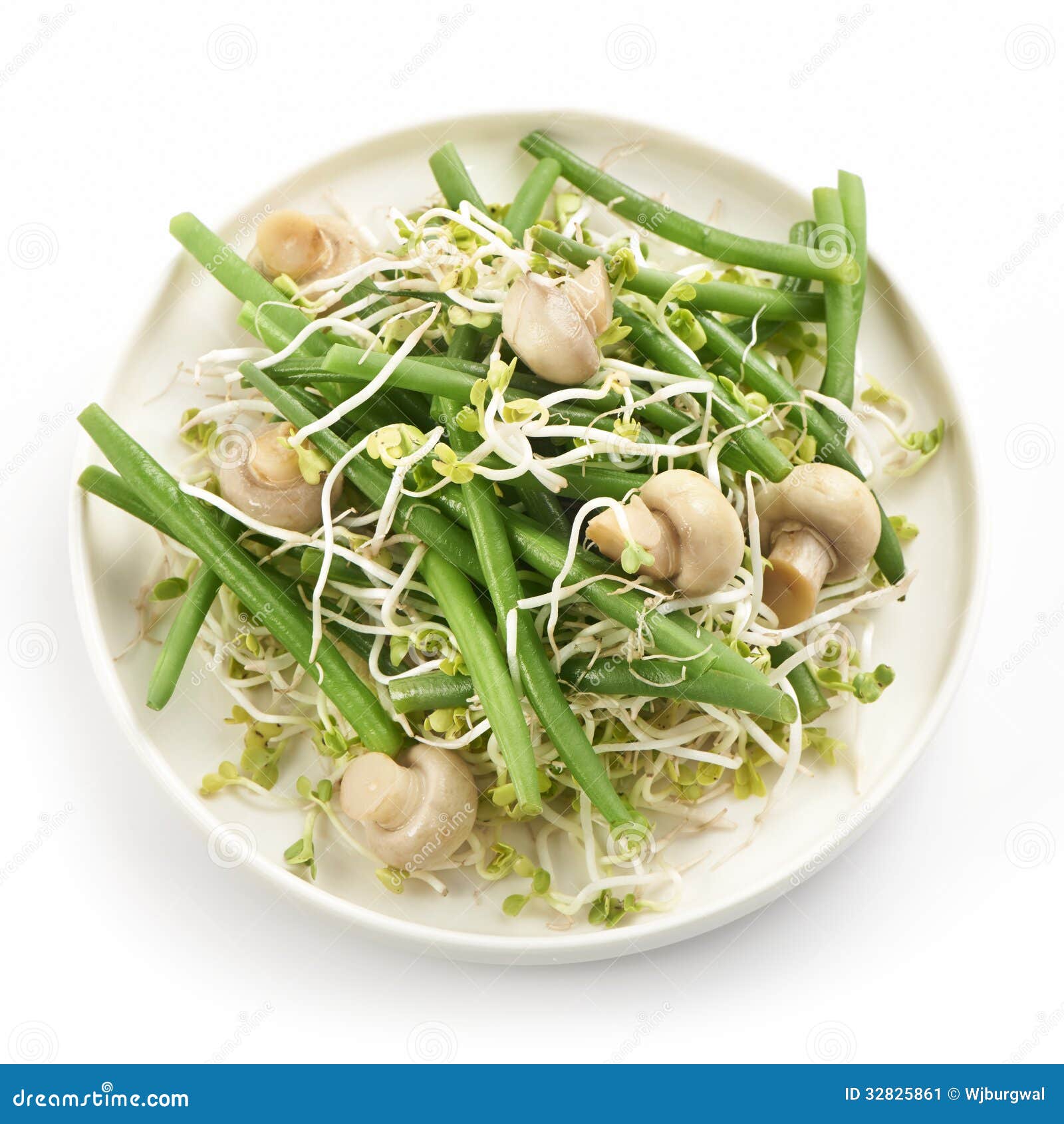 Fresh haricot vert salad with radish sprout and mushrooms served on a ...