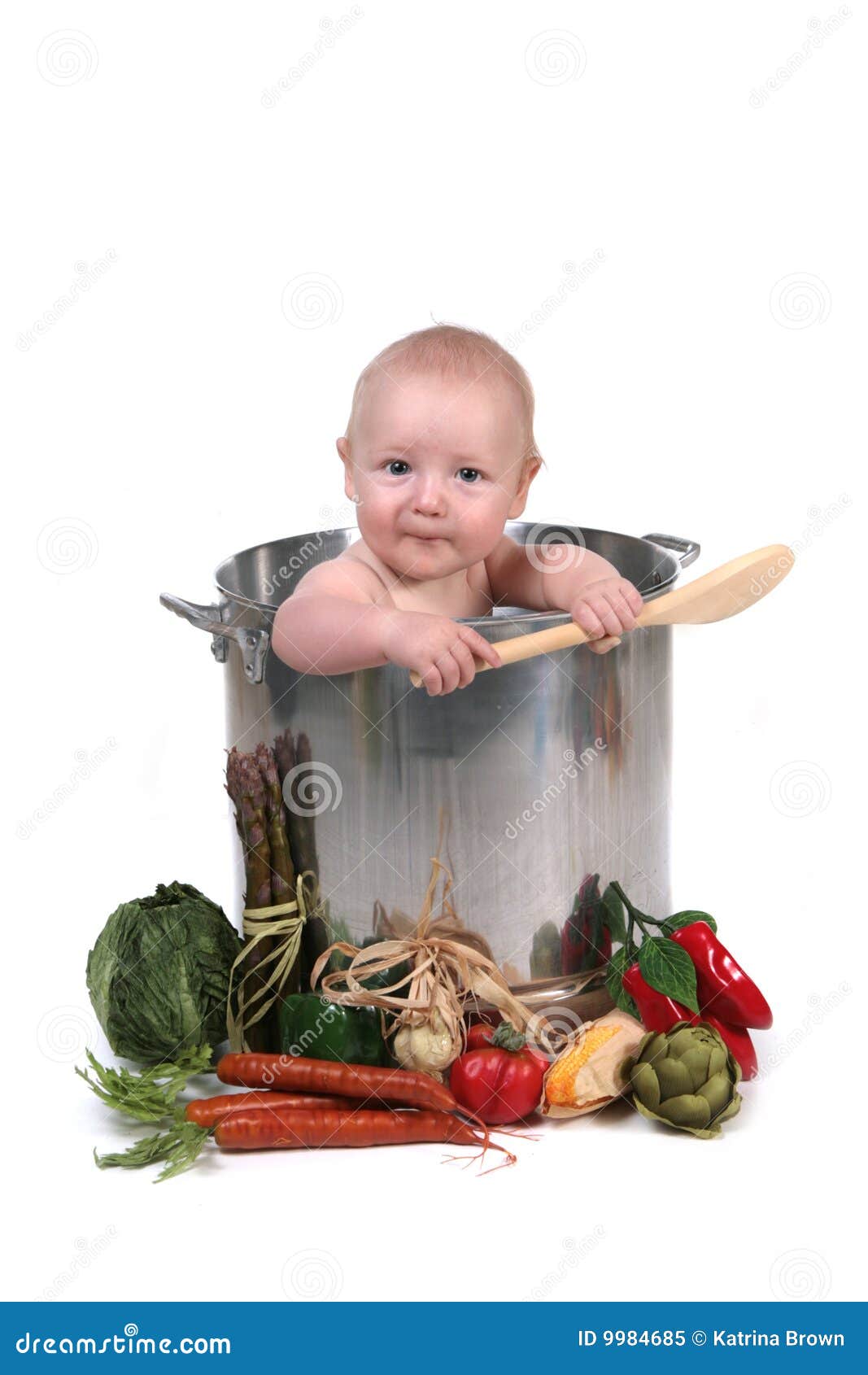 Funny Baby Boy in a Chef Pot Holding a SPoon.