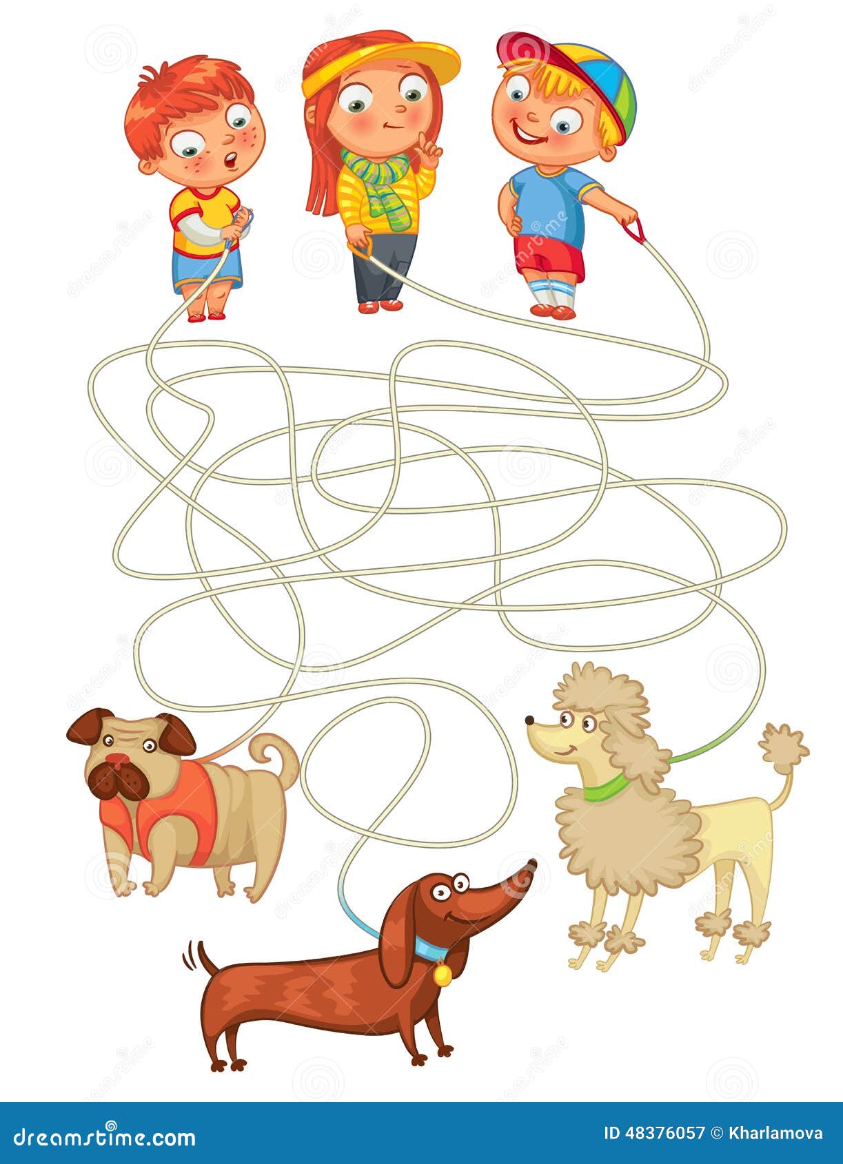 Funny maze game: help owners find their pets. Illustration with ...