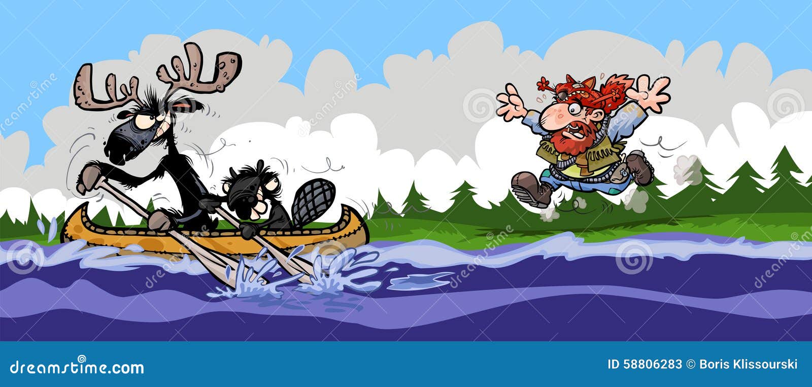 Funny Moose, Beaver and Trapper cartoon illustration.