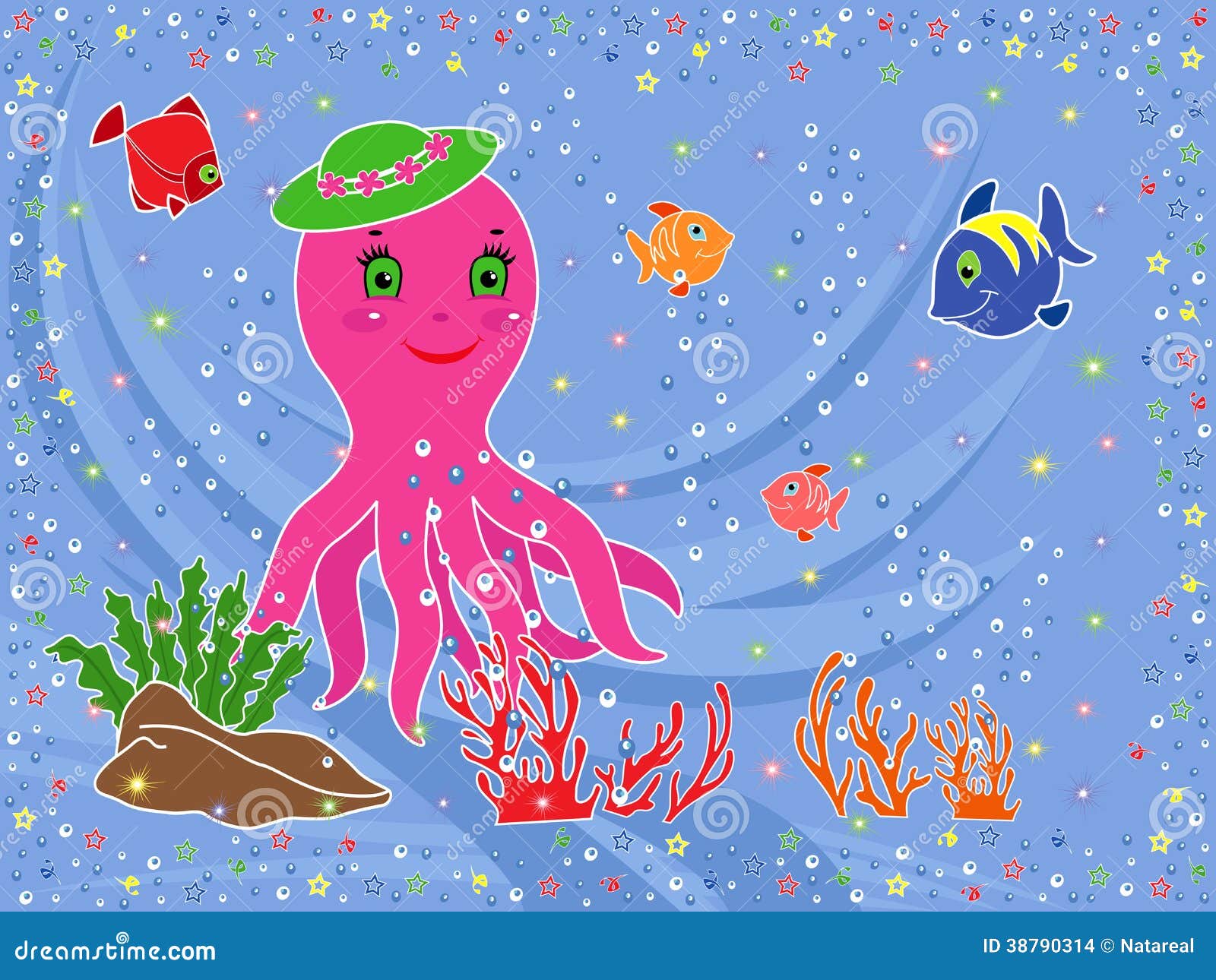 ... , coral and seaweed on the seabed. Hand drawing vector illustration