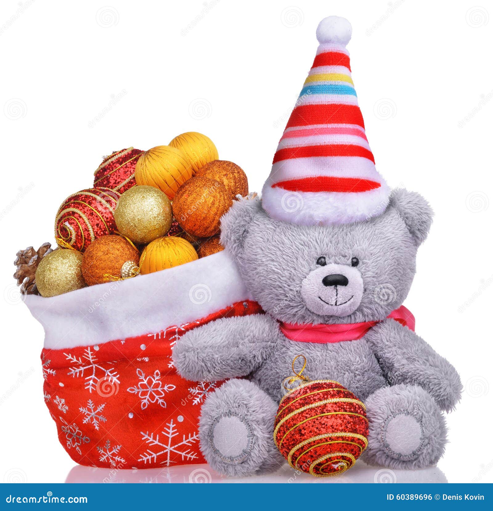Funny Teddy Bear In Hat With Santa Claus Bag Full Of Toys Stock Photo - Image: 60389696