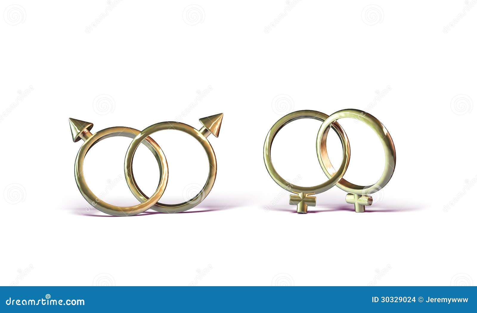 Two sets of interlocking wedding rings, suggesting gay marriage. White ...